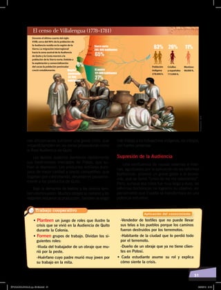 51
más trabajo a los trabajadores indígenas, los mitayos,
con fuertes presiones.
Supresión de la Audiencia
Una confluencia de causas externas e inter-
nas, agudizadas por la aplicación de las reformas
borbónicas, provocó un grave golpe a la econo-
mía, que se llamó “crisis de los mil setecientos”.
Pero, aunque esa crisis fue muy larga y dura, las
reformas borbónicas no lograron su objetivo, es-
pecialmente que España se transformara en una
potencia industrial.
nas altoperuanas sufrieron una grave crisis, que
impactó también en las zonas proveedoras como
la Real Audiencia de Quito.
Los textiles quiteños perdieron rápidamente
sus tradicionales mercados de Potosí, que su-
frían la depresión. Los productos similares euro-
peos de mejor calidad y precio competitivo, que
llegaban por contrabando, desalojaron paulatina-
mente a los productos de Quito.
Bajó la demanda de textiles y los precios tam-
bién disminuyeron. Muchos obrajes se cerraron y los
restantes redujeron la producción. También se exigió
• Planteen un juego de roles que ilustre la
crisis que se vivió en la Audiencia de Quito
durante la Colonia.
• Formen grupos de trabajo. Dividan los si-
guientes roles:
-Viuda del trabajador de un obraje que mu-
rió por la peste.
-Huérfano cuyo padre murió muy joven por
su trabajo en la mita.
-Vendedor de textiles que no puede llevar
sus telas a los pueblos porque los caminos
fueron destruidos por los terremotos.
-Habitante de la ciudad que lo perdió todo
por el terremoto.
-Dueño de un obraje que ya no tiene clien-
tes en Potosí.
• Cada estudiante asume su rol y explica
cómo siente la crisis.
Elaboración:CEN
Trabajo cooperativo
Aplicación del conocimiento
ÉPOCACOLONIALB; pp. 50-62.indd 51 05/06/18 8:19
 