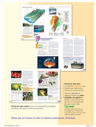 5
Ahora que ya conoces tu libro, te damos la bienvenida. Disfrútalo.
Al ﬁnal de cada tema
encontrarás actividades que
tendrás que realizar para
reforzar tus conocimientos.
Tienes un glosario de
palabras nuevas que están
resaltadas con negritas en
el texto, y que son de uso
técnico, con la explicación
de cada una de ellas.
Al ﬁnal de cada unidad tienes una evaluación que deberás
resolverla y así sabrás cuánto has aprendido. También están presentes las
tecnologías de la información
y la comunicación (TIC) para que
explores páginas virtuales.
TIC
ÉPOCA ABORIGEN;pp. 1-28.indd 5 05/06/18 8:11
 