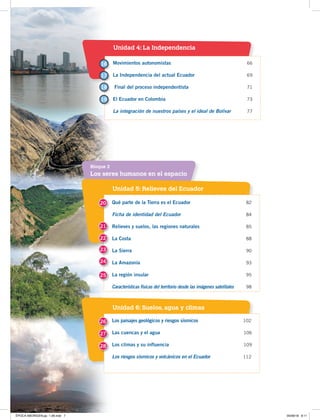 Unidad 5: Relieves del Ecuador
Unidad 6: Suelos, agua y climas
Los seres humanos en el espacio
Bloque 2
Qué parte de la Tierra es el Ecuador 82
Ficha de identidad del Ecuador 84
Relieves y suelos, las regiones naturales 85
La Costa 88
La Sierra 90
La Amazonía 93
La región insular 95
Características físicas del territorio desde las imágenes satelitales 98
Los paisajes geológicos y riesgos sísmicos 102
Las cuencas y el agua 106
Los climas y su influencia 109
Los riesgos sísmicos y volcánicos en el Ecuador 112
20
26
21
27
22
28
23
24
25
Unidad 4: La Independencia
Movimientos autonomistas 66
La Independencia del actual Ecuador 69
Final del proceso independentista 71
El Ecuador en Colombia 73
La integración de nuestros países y el ideal de Bolívar 77
16
17
18
19
ÉPOCA ABORIGEN;pp. 1-28.indd 7 05/06/18 8:11
 