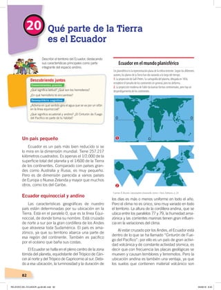 82
Un país pequeño
Ecuador es un país más bien reducido si se
lo mira en la dimensión mundial. Tiene 257.217
kilómetros cuadrados. Es apenas el 1/2.000 de la
superficie total del planeta y el 1/600 de la Tierra
de los continentes. Comparado con países gran-
des como Australia y Rusia, es muy pequeño.
Pero es de dimensión parecida a varios países
de Europa o Nueva Zelanda y mayor que muchos
otros, como los del Caribe.
Ecuador equinoccial y andino
Las características geográficas de nuestro
país están determinadas por su ubicación en la
Tierra. Está en el paralelo 0, que es la línea Equi-
noccial, de donde toma su nombre. Está cruzado
de norte a sur por la gran cordillera de los Andes
que atraviesa toda Sudamérica. El país es ama-
zónico, ya que su territorio abarca una parte de
esa región del continente. También es pacífico
por el océano que baña sus costas.
El Ecuador se halla en el pleno centro de la zona
tórrida del planeta, equidistante del Trópico de Cán-
cer al norte y del Trópico de Capricornio al sur. Debi-
do a esa ubicación, la luminosidad y la duración de
los días es más o menos uniforme en todo el año.
Pero el clima no es único, sino muy variado en todo
el territorio. La altura de la cordillera andina, que se
ubica entre los paralelos 77 y 79, la humedad ama-
zónica y las corrientes marinas tienen gran influen-
cia en la variaciones del clima.
Al estar cruzado por los Andes, el Ecuador está
dentro de lo que se ha llamado “Cinturón de Fue-
go del Pacífico”: por ello es un país de gran activi-
dad volcánica y de constante actividad sísmica, es
decir que con frecuencia las placas geológicas se
mueven y causan temblores y terremotos. Pero la
ubicación andina es también una ventaja, ya que
los suelos que contienen material volcánico son
¿Qué signiﬁca latitud? ¿Qué son los hemisferios?
¿En qué hemisferio te encuentras?
¿Adivina en qué sentido gira el agua que se va por un sifón
en la línea equinoccial?
¿Qué signiﬁca ecuatorial y andino? ¿El Cinturón de Fuego
del Pacíﬁco es parte de tu hábitat?
Describir el territorio del Ecuador, destacando
sus características principales como parte
integrante del espacio andino.
Descubriendo juntos
20 Qué parte de la Tierra
es el Ecuador
Ecuador en el mundo planisférico
Fuente: R. Brunet, Géographie Universelle, tomo I, París, Editions, p. 29
Un planisférico es la representación plana de la esfera terrestre. Según los diferentes
autores, los planos de laTierra han ido variando a lo largo del tiempo.
1. La proyección de Gall-Peters. Su cartografía del planeta, dibujada en 1856,
restablece el tamaño de los continentes en general, pero los deforma.
2. La proyección moderna de Fuller da buenas formas continentales, pero hay un
desperdigamiento de los continentes.
1
2
Conocimientos previos
Desequilibrio cognitivo
RELIEVES DEL ECUADOR; pp.82-98 .indd 82 05/06/18 8:33
 
