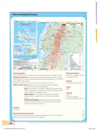 Ficha de identidad del Ecuador
Ubicación geográﬁca:
Limita al oeste con el océano Pacíﬁco, al norte con Colombia, y al sur y al este con Perú.
Localización equinoccial:se halla en la zona tórrida, entre el trópico de Cáncer al norte y
el de Capricornio al sur. Atravesado longitudinalmente al norte (paralelos 77 y 79º Oeste),
por la cordillera de los Andes.
Meridianos: 1º norte, 0º centro-norte, 1º centro, 2º centro-sur, 3º y 4º sur.
Regionesnaturales: Costa: húmedo, con zonas semihúmedas, secas y semiáridas
en las provincias de Santa Elena y Manabí.
Sierra: muy húmedo en la cordillera occidental; semihúmedo en los
ﬂancos occidentales y orientales de la cordillera central. Ecuatorial frío
de alta montaña en la cordillera oriental.
Región amazónica: muy húmedo en los ﬂancos de la cordillera
oriental. Uniforme megatérmico muy húmedo en toda la zona
oriental.
Región insular de Galápagos: islas de origen volcánico, se encuentra
en el océano Pacíﬁco, a 1.000 km del continente. Clima ecuatorial
insular, con zonas secas y muy secas.
Superﬁcie:
249.561 km²
Extensión marítima (mar territorial):
200 millas hacia el occidente desde el punto más occidental de sus costas continentales.
Anillo con igual extensión que rodea las islas Galápagos.
Órbita geoestacionaria:
42.200 km y 35.000 km de altura
en el plano terrestre.
Población:
14.483.499 hab. (censo 2010)
Capital:
Quito
Hora local:
GMT - 5.
En las islas Galápagos
la referencia horaria es GMT - 6.
84
Fuente: Juan B. León, Geografía del Ecuador, Quito, Corporación Editora Nacional, 2015; Instituto Geográﬁco Militar, Mapa físico del Ecuador.
Elaboración:CEN
RELIEVES DEL ECUADOR; pp.82-98 .indd 84 05/06/18 8:33
 