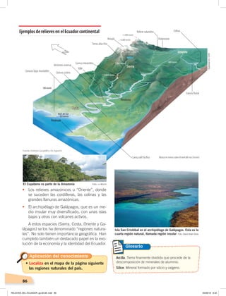86
• Los relieves amazónicos u “Oriente”, donde
se suceden las cordilleras, las colinas y las
grandes llanuras amazónicas.
• El archipiélago de Galápagos, que es un me-
dio insular muy diversificado, con unas islas
bajas y otras con volcanes activos.
A estos espacios (Sierra, Costa, Oriente y Ga-
lápagos) se los ha denominado “regiones natura-
les”. No solo tienen importancia geográfica. Han
cumplido también un destacado papel en la evo-
lución de la economía y la identidad del Ecuador.
• Localiza en el mapa de la página siguiente
las regiones naturales del país.
Aplicación del conocimiento Arcilla. Tierra finamente dividida que procede de la
descomposición de minerales de aluminio.
Sílice. Mineral formado por silicio y oxígeno.
Glosario
Llanuras bajas inundables Llanura costera
Llanura ﬂuvial
Vertientes externas
Piedemonte
Relieve subandino
Cuenca interandina
Tierras altas frías
Colinas
Valle
Nevado
Cuenca del Pacíﬁco
Península
Ejemplos de relieves en el Ecuador continental
Sierra
Oriente
Costa
>5.000msnm
>4.000msnm
3.000 msnm
1.000 msnm
600 msnm
Alturas en metros sobre el nivel del mar (msnm)
300 msnm
0,0 metros
Nivel del mar
2.000 msnm
Costa
Pendiente
Foto: Le Mashk
Foto: David Adam Kess
El Cuyabeno es parte de la Amazonía
Isla San Cristóbal en el archipiélago de Galápagos. Esta es la
cuarta región natural, llamada región insular
Fuente: Instituto Geográﬁco De Agostini
Elaboración:CEN
RELIEVES DEL ECUADOR; pp.82-98 .indd 86 05/06/18 8:33
 
