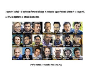 Según dice “El País”: 25 periodistas fueron asesinados, 30 periodistas siguen retenidos un total de 48 secuestros.Según dice “El País”: 25 periodistas fueron asesinados, 30 periodistas siguen retenidos un total de 48 secuestros.
En 2013 se registraron un total de 48 secuestros.En 2013 se registraron un total de 48 secuestros.
(Periodistas secuestrados en Siria)
 