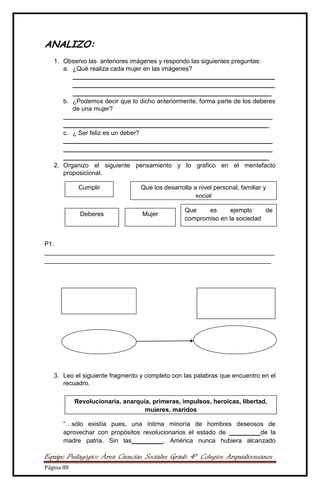 Equipo Pedagógico Área Ciencias Sociales Grado 4° Colegios Arquidiocesanos
Página 80
ANALIZO:
1. Observo las anteriores imágenes y respondo las siguientes preguntas:
a. ¿Qué realiza cada mujer en las imágenes?
__________________________________________________________
__________________________________________________________
_________________________________________________________
b. ¿Podemos decir que lo dicho anteriormente, forma parte de los deberes
de una mujer?
____________________________________________________________
___________________________________________________________
c. ¿ Ser feliz es un deber?
____________________________________________________________
____________________________________________________________
___________________________________________________________
2. Organizo el siguiente pensamiento y lo grafico en el mentefacto
proposicional.
P1.
__________________________________________________________________
_________________________________________________________________
3. Leo el siguiente fragmento y completo con las palabras que encuentro en el
recuadro.
“…sólo existía pues, una íntima minoría de hombres deseosos de
aprovechar con propósitos revolucionarios el estado de _________de la
madre patria. Sin las_________, América nunca hubiera alcanzado
Cumplir Que los desarrolla a nivel personal, familiar y
social
Deberes Mujer
Que es ejemplo de
compromiso en la sociedad
Revolucionaria, anarquía, primeras, impulsos, heroicas, libertad,
mujeres, maridos
 