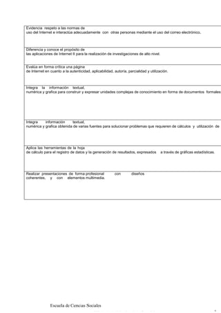 Evidencia respeto a las normas de
uso del Internet e interactúa adecuadamente con otras personas mediante el uso del correo electrónico.

Diferencia y conoce el propósito de
las aplicaciones de Internet II para la realización de investigaciones de alto nivel.
Evalúa en forma crítica una página
de Internet en cuanto a la autenticidad, aplicabilidad, autoría, parcialidad y utilización.

Integra la información textual,
numérica y grafica para construir y expresar unidades complejas de conocimiento en forma de documentos formales

Integra
información
textual,
numérica y grafica obtenida de varias fuentes para solucionar problemas que requieren de cálculos y utilización de

Aplica las herramientas de la hoja
de cálculo para el registro de datos y la generación de resultados, expresados

Realizar presentaciones de forma profesional
coherentes, y con elementos multimedia.

Escuela de Ciencias Sociales

con

diseños

a través de gráficas estadísticas.

 