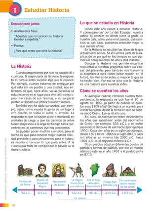 DISTRIBUCIÓN GRATUITA ­ PROHIBIDA SU REPRODUCCIÓN
Fundación
de Roma
Muerte de
Alejandro
Magno
Nacimiento
de Cristo
La Hégira
Inicio de la
era islámica
Erik el Rojo
descubre
Groenlandia
Gengis Kan
toma Beijing
Constantinopla
cae en manos
de los turcos
753 a.C. 323 a.C. Año 1 622 d.C. 981 d.C. 1214 d.C. 1453 d.C.
Un milenio
10
La Historia
Cuando preguntamos por qué ha pasado tal o
cual cosa, la mayor parte de las veces la respues-
ta es porque antes sucedió algo que la provocó.
Por ejemplo, cuando tratamos de averiguar por
qué está allí un pueblo o una ciudad, nos en-
teramos de que, hace años, varias personas se
establecieron en el lugar para vivir allí, constru-
yeron las casas de sus familias, y así surgió el
pueblo o ciudad que provocó nuestro interés.
También nos ha dado curiosidad, por ejem-
plo, saber cómo viajaba la gente de un lugar a
otro cuando no había ni autos ni aviones. La
respuesta es que lo hacían a pie o montando en
animales de carga, y que los caminos de antes
fueron mejorando a lo largo del tiempo hasta con-
vertirse en las carreteras que hoy conocemos.
Se pueden poner muchos ejemplos, pero el
hecho es que para conocer mejor nuestra reali-
dad presente y para prepararnos para el futuro,
es necesario conocer lo que pasó antes. A la
ciencia que trata de comprender el pasado se la
llama Historia.
Estudiar Historia!
Lo que se estudia en Historia
Desde este año vamos a estudiar Historia.
Y comenzaremos por la del Ecuador, nuestra
patria. Al conocer de dónde viene la gente de
nuestro país, cómo vivía en el pasado, qué cam-
bios se han dado, podremos entender mejor lo
que sucede ahora.
En la Historia se estudian las raíces de lo que
actualmente somos. Se encuentra parte de la ex-
plicación de por qué en los tiempos en que vivi-
mos las cosas suceden de una u otra manera.
Conocer la Historia nos permite encontrar
respuestas a nuestras preguntas sobre las cau-
sas del presente, pero también nos transmite
la experiencia para poder evitar repetir, en el
futuro, los errores de antes, o mejorar lo que se
ha hecho bien. Por eso se dice que la Historia
es una maestra para nuestras vidas.
Cómo se cuentan los años
Al averiguar cuándo comenzó nuestra Inde-
pendencia, la respuesta es que fue el 10 de
agosto de 1809. ¿A partir de cuándo se cuen-
tan esos 1809 años? Se llegó a un acuerdo para
iniciar la cuenta desde la fecha en que se supo-
ne nació Cristo. Ese es el año uno.
Así pues, se cuentan en orden descendente
los años que sucedieron antes del nacimiento
de Cristo (por ejemplo, 535 a.C.), y en orden
ascendente después de ese hecho (por ejemplo
1950). Cada cien años es un siglo (por ejemplo,
desde 1801 hasta 1900 es el siglo XIX), y cada
mil años es un milenio (de 2000 a.C. hasta
1001 a.C. es el segundo milenio a.C.).
Otros pueblos adoptan diferentes puntos de
partida y formas de cálculo, por eso el mundo
islámico está en el año 1431 y el pueblo judío
en 5770.
Descubriendo juntos
Analiza esta frase:
“Aquellos que no conocen su historia
tienden a repetirla.”
Piensa:
¿Para qué crees que sirve la historia?
 