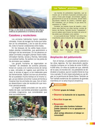 DISTRIBUCIÓN GRATUITA ­ PROHIBIDA SU REPRODUCCIÓN
13
Los “talleres” primitivos
Las bandas de pobladores originales, que se
movían por el territorio buscando animales para
cazar y frutos para recoger, encontraban lugares,
generalmente al pie de los volcanes, donde había
abundante material de piedra y también agua.
Allí instalaban, por un tiempo, lo que ahora lla-
maríamos un “taller”.
Cortaban las piedras duras de basalto u obsi-
diana para fabricar con ellas hachas, puntas de
lanza y de flecha. También hacían “raspadores”,
que se usaban para limpiar los restos de carne en
las pieles que utilizaban como vestido.
Lo que queda de esos “talleres” son sitios muy
importantes para el estudio de los arqueólogos.
Cazadores y recolectores
Los primeros habitantes fueron cazadores
nómadas. Vivían de recoger los frutos que halla-
ban en los alrededores, y de la caza de anima-
les. Esto lo hacían colaborando entre todos.
En los bosques de los valles bajos encon-
traban plantas comestibles, que aprendieron a
distinguir de las venenosas. En los páramos ca-
zaban animales y recogían plantas medicinales.
Utilizaban hachas, lanzas y flechas, fabricadas
con piedras fuertes. Se vestían con las pieles de
los animales que cazaban.
Los grupos humanos se organizaban en
“bandas” de alrededor de ochenta personas.
Vivían en cuevas o en construcciones de ramas
y paja, ubicadas en lugares que permitían la
caza, el acceso al agua y a los materiales para
las herramientas. Sabían cocinar sus alimentos.
No se quedaban mucho tiempo en el mismo lu-
gar, ya que debían encontrar nuevos alimentos y
moverse tras los animales de caza. Con el tiem-
po desarrollaron rutas de recolección que reco-
rrían períodicamente.
La religión estaba vinculada con las activi-
dades de caza. Las bandas veneraban a grandes
animales imaginarios, que consideraban que
eran sus antecesores.
Ampliación del poblamiento
Con el tiempo, el poblamiento se extendió a
las otras regiones. Se han descubierto asenta-
mientos humanos en la Costa de entre 9.000 y
4.000 años. En ellos se puede ver que, además
de la caza y la recolección, los pobladores se de-
dicaban a la pesca, que en nuestro litoral es muy
rica y variada. El sitio mejor estudiado es Las Ve-
gas, en la península de Santa Elena. También se
han hallado evidencias de cazadores de grandes
mamíferos en la selva tropical amazónica.
Punta de
ﬂecha
Buril Puntas cola
de pez
RaspadorForma
de hoja
El Inga, un sitio donde se encontraron las más antiguas
evidencias de poblamiento en el territorio del Ecuador
Cazadores en la cueva negra de Chobshi Museo BCE
Analicen
Formen grupos de trabajo.
Observen la ilustración de la izquierda.
Describan lo que ven.
Respondan:
¿Creen que estos hombres hubieran
podido sobrevivir si no se agrupaban en
bandas?
¿Qué ventaja obtuvieron al trabajar en
comunidad?
 