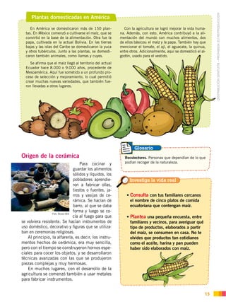 DISTRIBUCIÓN GRATUITA ­ PROHIBIDA SU REPRODUCCIÓN
15
Origen de la cerámica
Para cocinar y
guardar los alimentos
sólidos y líquidos, los
pobladores aprendie-
ron a fabricar ollas,
tiestos o fuentes, ja-
rros y vasijas de ce-
rámica. Se hacían de
barro, al que se daba
forma y luego se co-
cía al fuego para que
se volviera resistente. Se hacían instrumentos de
uso doméstico, decorativo y figuras que se utiliza-
ban en ceremonias religiosas.
Al principio, la alfarería, es decir, los instru-
mentos hechos de cerámica, era muy sencilla,
pero con el tiempo se construyeron hornos espe-
ciales para cocer los objetos, y se desarrollaron
técnicas avanzadas con las que se produjeron
piezas complejas y muy hermosas.
En muchos lugares, con el desarrollo de la
agricultura se comenzó también a usar metales
para fabricar instrumentos.
Foto: Museo BCE
Plantas domesticadas en América
En América se domesticaron más de 150 plan-
tas. En México comenzó a cultivarse el maíz, que se
convirtió en la base de la alimentación. Otra fue la
papa, cultivada en la actual Bolivia. En las tierras
bajas y las islas del Caribe se domesticaron la yuca
y otros tubérculos. Junto a las plantas, se domesti-
caron también animales, como llamas y cuyes.
Se afirma que el maíz llegó al territorio del actual
Ecuador hace 8.000 o 9.000 años, procedente de
Mesoamérica. Aquí fue sometido a un profundo pro-
ceso de selección y mejoramiento, lo cual permitió
crear muchas nuevas variedades, que también fue-
ron llevadas a otros lugares.
Con la agricultura se logró mejorar la vida huma-
na. Además, con esto, América contribuyó a la ali-
mentación del mundo con muchos alimentos, dos
de ellos básicos: el maíz y la papa. También hay que
mencionar el tomate, el ají, el aguacate, la quinua,
entre otros. Adicionalmente, aquí se domesticó el al-
godón, usado para el vestido.
Recolectores. Personas que dependían de lo que
podían recoger de la naturaleza.
Investiga la vida real
Glosario
Consulta con tus familiares cercanos
el nombre de cinco platos de comida
ecuatoriana que contengan maíz.
Plantea una pequeña encuesta, entre
familiares y vecinos, para averiguar qué
tipo de productos, elaborados a partir
del maíz, se consumen en casa. No te
olvides que productos tan cotidianos
como el aceite, harina y pan pueden
haber sido elaborados con maíz.
 