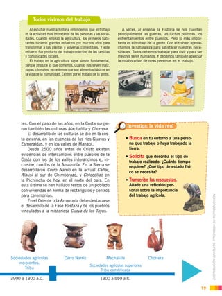 DISTRIBUCIÓN GRATUITA ­ PROHIBIDA SU REPRODUCCIÓN
19
Todos vivimos del trabajo
Al estudiar nuestra historia entendemos que el trabajo
es la actividad más importante de las personas y las socie-
dades. Cuando empezó la agricultura, los primeros habi-
tantes hicieron grandes esfuerzos por muchos años para
transformar a las plantas y volverlas comestibles. Y este
esfuerzo fue producto del trabajo colectivo de las familias
y comunidades locales.
El trabajo en la agricultura sigue siendo fundamental,
porque produce lo que comemos. Cuando nos sirven maíz,
papas o tomates, recordemos que son alimentos básicos en
la vida de la humanidad. Existen por el trabajo de la gente.
A veces, al enseñar la Historia se nos cuentan
principalmente las guerras, las luchas políticas, los
enfrentamientos entre pueblos. Pero lo más impor-
tante es el trabajo de la gente. Con el trabajo aprove-
chamos la naturaleza para satisfacer nuestras nece-
sidades. Todos debemos trabajar para vivir y para ser
mejores seres humanos. Y debemos también apreciar
la colaboración de otras personas en el trabajo.
tes. Con el paso de los años, en la Costa surgie-
ron también las culturas Machalilla y Chorrera.
El desarrollo de las culturas se dio en la cos-
ta externa, en las cuencas de los ríos Guayas y
Esmeraldas, y en los valles de Manabí.
Desde 2500 años antes de Cristo existen
evidencias de intercambios entre pueblos de la
Costa con los de los valles interandinos e, in-
clusive, con los de la Amazonía. En la Sierra se
desarrollaron Cerro Narrío en la actual Cañar,
Alausí al sur de Chimborazo, y Cotocollao en
la Pichincha de hoy, en el norte del país. En
esta última se han hallado restos de un poblado
con viviendas en forma de rectángulos y centros
para ceremonias.
En el Oriente o la Amazonía debe destacarse
el desarrollo de la Fase Pastaza y de los pueblos
vinculados a la misteriosa Cueva de los Tayos.
1300 a 550 a.C.
Sociedades agrícolas superiores
Tribu estratificada
Sociedades agrícolas
incipientes.
Tribu
Cerro Narrío Machalilla Chorrera
3900 a 1300 a.C.
Busca en tu entorno a una perso-
na que trabaje o haya trabajado la
tierra.
Solicita que describa el tipo de
trabajo realizado. ¿Cuánto tiempo
requiere? ¿Qué tipo de estado físi-
co se necesita?
Transcribe las respuestas.
Añade una reflexión per-
sonal sobre la importancia
del trabajo agrícola.
Investiga: la vida real
 