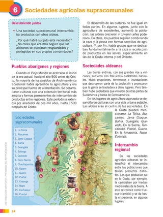 DISTRIBUCIÓN GRATUITA ­ PROHIBIDA SU REPRODUCCIÓN
24
Pueblos aborígenes y regiones
Cuando el Viejo Mundo se acercaba al inicio
de la era actual, hacia el año 500 antes de Cris-
to, la mayoría de los pueblos de Andinoamérica
Ecuatorial había aprendido la agricultura y era
su principal fuente de alimentación. Se desarro-
llaron culturas con una extensión territorial más
amplia y formas permanentes de intercambio de
productos entre regiones. Este período se exten-
dió por alrededor de dos mil años, hasta 1500
después de Cristo.
Sociedades agrícolas supracomunales!
Descubriendo juntos
Una sociedad supracomunal intercambia-
ba productos con otras aldeas.
¿Por qué habrá surgido esta necesidad?
¿No crees que era más seguro que los
aldeanos se quedaran resguardados y
protegidos en sus propias comunidades?
El desarrollo de las culturas no fue igual en
todas partes. En algunos lugares, junto con la
agricultura de excedentes, aumentó la pobla-
ción, las aldeas crecieron y tuvieron jefes pode-
rosos. En otros, los pueblos seguían combinando
la caza y la pesca con formas sencillas de agri-
cultura. Y, por fin, había grupos que se dedica-
ban fundamentalmente a la caza y recolección
de productos en las selvas, especialmente en
las de la Costa interna y del Oriente.
Sociedades aldeanas
Las tierras andinas, con sus grandes ríos y vol-
canes, sufrieron con frecuencia catástrofes natura-
les. Hubo erupciones, terremotos e inundaciones
que destruyeron parte de la población y provocaron
que la gente se trasladara a otros lugares. Pero tam-
bién hubo pobladores que vinieron de otras partes de
Sudamérica y hasta de Centroamérica.
En los lugares de agricultura avanzada se de-
sarrollaron culturas con una vida urbana estable.
Las aldeas eran el centro de las sociedades. En
la Costa pueden men-
cionarse La Tolita, Ata-
cames, Jama Coaque,
Bahía, Guangala, Que-
vedo. En la Sierra, Tun-
cahuán, Piartal, Guano.
En la Amazonía, Napo,
Cosanga.
Intercambio
regional
En las sociedades
agrícolas aldeanas se in-
tensificó el intercambio
entre las poblaciones que
tenían productos distin-
tos. Los que producían sal
en la Costa, por ejemplo,
la cambiaban por hierbas
medicinales de la Sierra. A
esto se conoce como true-
que (cambio) y se da has-
ta el presente, en algunos
lugares.
Sociedades
supracomunales
1. La Tolita
2. Atacames
3. Jama-Coaque
4. Bahía
5. Guangala
6. Salango
7. Quevedo
8. Cerro Narrío
9. Chaullapamba
10. Upano
11. Guano
12. Piartal
13. Cosanga
14. Napo
15. Cochasquí
16. Piantal
 