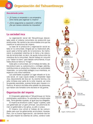 DISTRIBUCIÓN GRATUITA ­ PROHIBIDA SU REPRODUCCIÓN
30
La sociedad inca
La organización social del Tahuantinsuyo descan-
saba sobre el sistema comunitario de producción que
existía antes. No cambió a las comunidades sino que las
insertó en la estructura del imperio.
La base de la producción y organización social es-
taba en la comunidad, dirigida por su tradicional jefe,
quien pasó a formar parte de la burocracia. Se mantu-
vieron la propiedad colectiva de la tierra y las relacio-
nes de reciprocidad, es decir, de ayuda mutua entre los
miembros de la comunidad. Hacían trabajo en conjunto
y se “daban la mano” para labores comunitarias; lo que
hasta ahora se llama la “minga”.
Cada ayllu o comunidad, con el trabajo de todos, de-
bía producir para su autoconsumo y entregar, además,
contribuciones en productos o trabajo a las autoridades
imperiales. La comunidad protegía a sus miembros, en
especial a los niños huérfanos.
Las autoridades ocupaban un lugar elevado en la es-
cala social, en cuya cúpula estaba el emperador Sapa
Inca, descendiente del dios sol. Su enorme familia y los
jefes militares eran parte de la corte imperial, así como
los grandes sacerdotes, quienes tenían gran riqueza e in-
fluencia. Al servicio de todos ellos estaban los yanaconas,
que habían sido tomados como esclavos en las guerras.
Organización del imperio
El Emperador gobernaba el Tahuantinsuyo en forma
centralizada y autocrática. Su voluntad se cumplía sobre
todo. Tenía grandes riquezas, al igual que sus allegados.
El imperio se dividía en cuatro “suyos” o partes, cada
uno gobernado por un gran príncipe. Las provincias te-
nían un gobernador y los ayllus, su jefe o curaca.
El Imperio inca utilizó el trabajo de las comuni-
dades para que los gobernantes acumularan riquezas.
Pero, con su buena organización, usó también ese tra-
bajo para mejorar los sistemas de cultivo, construir siste-
Organización del Tahuantinsuyo$
Descubriendo juntos
¿Si fueras un emperador o una emperatriz,
cómo harías para organizar tu imperio?
¿Cómo asegurarías su expansión y defensa?
¿De qué manera cobrarías los impuestos?
 