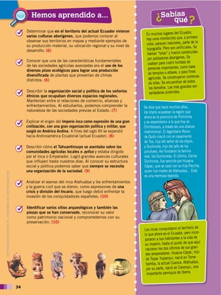 DISTRIBUCIÓN GRATUITA ­ PROHIBIDA SU REPRODUCCIÓN
34
Hemos aprendido a... Sabías
qué?
?
En muchos lugares del Ecuador,
hay unos montecitos que, a primera
vista, parecen naturales, parte de la
topografía. Pero son artificiales. Se
llaman “tolas” y fueron construidas
por pobladores aborígenes. Se
usaban para cubrir tumbas de
personas importantes, como base
de templos o altares, o para fines
agrícolas. Se construyeron centenas
de ellas. Se encuentran de todos
los tamaños. Las más grandes son
verdaderas pirámides.
! Determinar que en el territorio del actual Ecuador vivieron
varias culturas aborígenes, que podemos conocer al
observar sus territorios en mapas y mediante ejemplos de
su producción material, su ubicación regional y su nivel de
desarrollo. (6)
! Conocer que una de las características fundamentales
de las sociedades agrícolas avanzadas era el uso de los
diversos pisos ecológicos para lograr una producción
diversificada de plantas que provenían de climas
distintos. (6)
! Describir la organización social y política de los señoríos
étnicos que ocupaban diversos espacios regionales.
Mantenían entre sí relaciones de comercio, alianzas y
enfrentamientos. Al estudiarlos, podemos comprender la
naturaleza de las sociedades previas al Estado. (7)
! Explicar el origen del Imperio inca como expresión de una gran
civilización, con una gran organización política y militar, que
surgió en América Andina. A fines del siglo XV se expandió
hacia Andinoamérica Ecuatorial (actual Ecuador). (8)
! Describir cómo el Tahuantinsuyo se asentaba sobre las
comunidades agrícolas locales o ayllus y estaba dirigido
por el Inca o Emperador. Logró grandes avances culturales
que influyen hasta nuestros días. Al conocer su estructura
social y política podemos saber que siempre se necesita
una organización de la sociedad. (9)
! Analizar el asenso del inca Atahualpa y los enfrentamientos
y la guerra civil que se dieron, como expresiones de una
crisis y división del Incario, que luego debió enfrentar la
invasión de los conquistadores españoles. (10)
! Identificar varios sitios arqueológicos y también las
piezas que se han conservado, reconocer su valor
como patrimonio nacional y comprometernos con su
preservación. (10)
Se dice que hace muchos años,
los shyris ocupaban la región que
ahora es la provincia de Pichincha
y se expandieron a lo que hoy es
Chimborazo, a través de una alianza
matrimonial. El legendario Reino
de Quito creció con el casamiento
de Toa, hija del señor de los shyris,
y Duchicela, hijo del jefe de los
puruhaes. Así fundaron la familia
real, los Duchicelas. El último, Cacha
Duchicela, fue vencido por Huayna
Cápac, que se casó con su hija Paccha,
quien fue madre de Atahualpa… Esta
es una hermosa leyenda.
Los incas conquistaron el territorio de
lo que ahora es el Ecuador, pero incor-
poraron a sus habitantes a la vida de
su imperio, hasta el punto de que aquí
nacieron los dos últimos de sus gran-
des emperadores. Huayna Cápac, hijo
de Túpac Yupanqui, nació en Tome-
bamba, la actual Cuenca. Atahualpa,
por su parte, nació en Caranqui, una
importante parroquia de Ibarra.
 