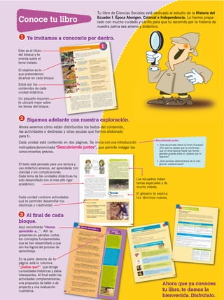 4
DISTRIBUCIÓN GRATUITA ­ PROHIBIDA SU REPRODUCCIÓN
Tu libro de Ciencias Sociales está dedicado al estudio de la Historia del
Ecuador I. Época Aborigen, Colonial e Independencia. Lo hemos prepa-
rado con mucho cuidado y cariño para que tu recorrido por la historia de
nuestra patria sea ameno y didáctico.
Conoce tu libro
Cada unidad está contenida en dos páginas. Se inicia con una introducción
motivadora denominada “Descubriendo juntos”, que permite indagar los
conocimientos previos.
El texto está pensado para una lectura y
uso didáctico amenos, así aprenderás con
claridad y sin complicaciones.
Cada tema de las unidades didácticas ha
sido desarrollado con el más alto rigor
académico.
Aquí encontrarás “Hemos
aprendido a...”. Allí se
presentan en párrafos cortos
los conceptos fundamentales
que se han desarrollado y que
son los logros del proceso de
aprendizaje.
En la parte derecha de la
página está la columna
“¿Sabías que?”, que recoge
curiosidades históricas y datos
interesantes. Al ﬁnal están las
actividades complementarias,
una propuesta de taller o de
proyecto y una evaluación
cualitativa.
Los recuadros tratan
temas especiales y de
mucho interés.
El glosario te explica
los términos nuevos.
Descubriendo juntos
¿Has escuchado sobre la Unión Europea?
¿Por qué los países que la conforman,
que en otras épocas hasta han tenido
grandes guerras entre sí, optaron por in-
tegrarse?
¿Qué ventajas obtendríamos de la inte-
gración sudamericana?
Cada unidad contiene actividades
que te permiten desarrollar tus
destrezas y creatividad.
Ahora que ya conoces
tu libro, te damos la
bienvenida. Disfrútalo.
Al final de cada
bloque.
Sigamos adelante con nuestra exploración.
Ahora veremos cómo están distribuidos los textos del contenido,
las actividades o destrezas y otras ayudas que hemos elaborado
para ti.
Este es el título
del bloque y te
orienta sobre el
tema tratado.
Un pequeño resumen
te ubicará mejor sobre
los temas del bloque.
El objetivo es lo
que pretendemos
alcanzar en cada bloque.
Estos son los
contenidos de cada
unidad didáctica.
Te invitamos a conocerlo por dentro.1
2
3
 