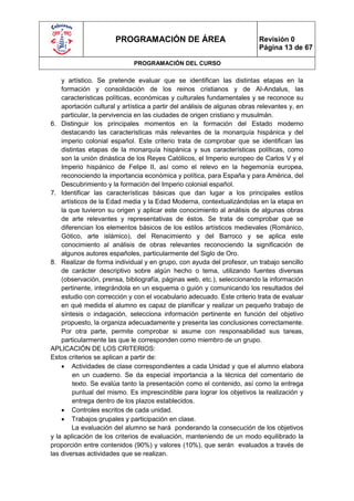 PROGRAMACIÓN DE ÁREA                                Revisión 0
                                                                           Página 13 de 67

                             PROGRAMACIÓN DEL CURSO

    y artístico. Se pretende evaluar que se identifican las distintas etapas en la
    formación y consolidación de los reinos cristianos y de Al-Andalus, las
    características políticas, económicas y culturales fundamentales y se reconoce su
    aportación cultural y artística a partir del análisis de algunas obras relevantes y, en
    particular, la pervivencia en las ciudades de origen cristiano y musulmán.
6. Distinguir los principales momentos en la formación del Estado moderno
    destacando las características más relevantes de la monarquía hispánica y del
    imperio colonial español. Este criterio trata de comprobar que se identifican las
    distintas etapas de la monarquía hispánica y sus características políticas, como
    son la unión dinástica de los Reyes Católicos, el Imperio europeo de Carlos V y el
    Imperio hispánico de Felipe II, así como el relevo en la hegemonía europea,
    reconociendo la importancia económica y política, para España y para América, del
    Descubrimiento y la formación del Imperio colonial español.
7. Identificar las características básicas que dan lugar a los principales estilos
    artísticos de la Edad media y la Edad Moderna, contextualizándolas en la etapa en
    la que tuvieron su origen y aplicar este conocimiento al análisis de algunas obras
    de arte relevantes y representativas de éstos. Se trata de comprobar que se
    diferencian los elementos básicos de los estilos artísticos medievales (Románico,
    Gótico, arte islámico), del Renacimiento y del Barroco y se aplica este
    conocimiento al análisis de obras relevantes reconociendo la significación de
    algunos autores españoles, particularmente del Siglo de Oro.
8. Realizar de forma individual y en grupo, con ayuda del profesor, un trabajo sencillo
    de carácter descriptivo sobre algún hecho o tema, utilizando fuentes diversas
    (observación, prensa, bibliografía, páginas web, etc.), seleccionando la información
    pertinente, integrándola en un esquema o guión y comunicando los resultados del
    estudio con corrección y con el vocabulario adecuado. Este criterio trata de evaluar
    en qué medida el alumno es capaz de planificar y realizar un pequeño trabajo de
    síntesis o indagación, selecciona información pertinente en función del objetivo
    propuesto, la organiza adecuadamente y presenta las conclusiones correctamente.
    Por otra parte, permite comprobar si asume con responsabilidad sus tareas,
    particularmente las que le corresponden como miembro de un grupo.
APLICACIÓN DE LOS CRITERIOS:
Estos criterios se aplican a partir de:
     Actividades de clase correspondientes a cada Unidad y que el alumno elabora
        en un cuaderno. Se da especial importancia a la técnica del comentario de
        texto. Se evalúa tanto la presentación como el contenido, así como la entrega
        puntual del mismo. Es imprescindible para lograr los objetivos la realización y
        entrega dentro de los plazos establecidos.
     Controles escritos de cada unidad.
     Trabajos grupales y participación en clase.
        La evaluación del alumno se hará ponderando la consecución de los objetivos
y la aplicación de los criterios de evaluación, manteniendo de un modo equilibrado la
proporción entre contenidos (90%) y valores (10%), que serán evaluados a través de
las diversas actividades que se realizan.
 