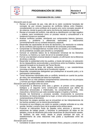 PROGRAMACIÓN DE ÁREA                               Revisión 0
                                                                         Página 17 de 67

                             PROGRAMACIÓN DEL CURSO

Educación para la paz
    Revisar el concepto de paz, más allá de la visión occidental heredada del
      concepto de pax romana (ausencia de conflictos bélicos entre Estados),
      considerándolo no como antítesis de la guerra sino como concepto opuesto al
      de violencia, donde la guerra sólo sería una forma de violencia organizada.
    Revisar el concepto de conflicto, más allá de su identificación con algo negativo
      y violento, para considerarlo como un proceso natural y consustancial a la
      existencia humana en sociedad.
    Analizar conflictos sociales, advirtiendo sus componentes básicos (persona,
      proceso, y problema o diferencias esenciales) y relacionarlos
      convenientemente con su contexto temporal y espacial.
    Desarrollar las capacidades de toma de decisiones y de resolución no violenta
      de los conflictos para ayudar en el desarrollo de conductas prosociales.
    Comprender la interdependencia mundial entre los países y la mundialización
      de los problemas sociales para advertir su complejidad.
    Conocer el contenido básico de la Declaración Universal de los Derechos
      Humanos, su historia y su razón de ser en la sociedad actual.
    Formar una identidad universal desde el respeto y la afirmación de la diferencia
      de etnias y culturas.
    Desarrollar la solidaridad entre los pueblos, a través del estudio y la valoración
      de los desequilibrios socioculturales y económicos entre los Estados, haciendo
      especial hincapié en la situación del Tercer Mundo.
    Conocer las bases éticas del sistema democrático y sus características
      concretas a través del análisis de la Constitución vigente.
    Desarrollar competencias dialogantes que predisponen al acuerdo justo y a la
      participación democrática.
    Tomar decisiones individuales ante un conflicto, teniendo en cuenta los puntos
      de vista y las necesidades de todos los implicados.
    Desarrollar en su vida cotidiana comportamientos coherentes con los principios
      y normas que hayan defendido verbalmente.
Educación para la igualdad entre los sexos
    Comprender la diferencia entre sexo y género: el primero como categoría
      biológica y el segundo como construcción sociocultural que define las
      diferencias emocionales e intelectuales, los comportamientos y los roles
      masculinos y femeninos que cada sociedad asigna a mujeres y hombres.
    Estudiar los fenómenos y procesos sociales, incorporando la economía
      doméstica y la historia del papel de la mujer, e incluir entre los proyectos éticos
      contemporáneos el feminismo.
    Reconocer los sesgos sexistas que se encuentran en las interpretaciones de
      los hechos sociales y en la misma documentación.
    Incorporar en sus trabajos una visión no sexista y adoptar actitudes en su vida
      escolar, familiar y social a favor de la igualdad entre ambos sexos.
    Propiciar el intercambio fluido de papeles entre alumnos y alumnas en
      situaciones de trabajo grupal, y favorecer la participación de éstas en los
      debates y toma de decisiones para evitar situaciones de discriminación sexista.
      Se facilitará, de este modo, desde la propia actividad del aula, el
      establecimiento de unas relaciones más justas y equilibradas entre las
      personas.
Educación para la salud
    Considerar la salud como estado de bienestar (físico, psíquico y social) al que
 