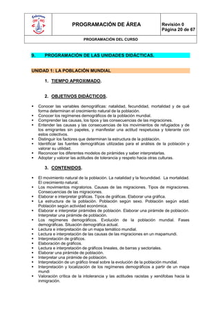 PROGRAMACIÓN DE ÁREA                             Revisión 0
                                                                        Página 20 de 67

                             PROGRAMACIÓN DEL CURSO



9.      PROGRAMACIÓN DE LAS UNIDADES DIDÁCTICAS.


UNIDAD 1: LA POBLACIÓN MUNDIAL

        1. TIEMPO APROXIMADO.


        2. OBJETIVOS DIDÁCTICOS.

    Conocer las variables demográficas: natalidad, fecundidad, mortalidad y de qué
     forma determinan el crecimiento natural de la población.
    Conocer los regímenes demográficos de la población mundial.
    Comprender las causas, los tipos y las consecuencias de las migraciones.
    Entender las causas y las consecuencias de los movimientos de refugiados y de
     los emigrantes sin papeles, y manifestar una actitud respetuosa y tolerante con
     estos colectivos.
    Distinguir los factores que determinan la estructura de la población.
    Identificar las fuentes demográficas utilizadas para el análisis de la población y
     valorar su utilidad.
    Reconocer los diferentes modelos de pirámides y saber interpretarlas.
    Adoptar y valorar las actitudes de tolerancia y respeto hacia otras culturas.

        3. CONTENIDOS.

    El movimiento natural de la población. La natalidad y la fecundidad. La mortalidad.
     El crecimiento natural.
    Los movimientos migratorios. Causas de las migraciones. Tipos de migraciones.
     Consecuencias de las migraciones.
    Elaborar e interpretar gráficas. Tipos de gráficas. Elaborar una gráfica.
    La estructura de la población. Población según sexo. Población según edad.
     Población según actividad económica.
    Elaborar e interpretar pirámides de población. Elaborar una pirámide de población.
     Interpretar una pirámide de población.
    Los regímenes demográficos. Evolución de la población mundial. Fases
     demográficas. Situación demográfica actual.
    Lectura e interpretación de un mapa temático mundial.
    Lectura e interpretación de las causas de las migraciones en un mapamundi.
    Interpretación de gráficos.
    Elaboración de gráficos.
    Lectura e interpretación de gráficos lineales, de barras y sectoriales.
    Elaborar una pirámide de población.
    Interpretar una pirámide de población.
    Interpretación de un gráfico lineal sobre la evolución de la población mundial.
    Interpretación y localización de los regímenes demográficos a partir de un mapa
     mundi
    Valoración crítica de la intolerancia y las actitudes racistas y xenófobas hacia la
     inmigración.
 