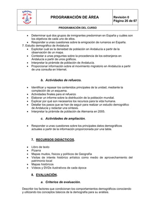 PROGRAMACIÓN DE ÁREA                             Revisión 0
                                                                      Página 26 de 67

                            PROGRAMACIÓN DEL CURSO

      Determinar qué dos grupos de inmigrantes predominan en España y cuáles son
       los objetivos de cada uno de ellos.
     Responder a unas cuestiones sobre la emigración de rumanos en España.
7. Estudio demográfico de Andalucía
     Explicitar cuál es la densidad de población en Andalucía a partir de la
       observación de un mapa.
     Contestar a unas preguntas sobre la procedencia de los extranjeros en
       Andalucía a partir de unos gráficos.
     Interpretar la pirámide de población de Andalucía.
     Proporcionar información sobre el movimiento migratorio en Andalucía a partir
       de una consulta en Internet.


              b. Actividades de refuerzo.

      Identificar y repasar los contenidos principales de la unidad, mediante la
       compleción de un esquema.
      Actividades finales para el refuerzo
      Elaborar un informe sobre la distribución de la población mundial.
      Explicar por qué son necesarios los recursos para la vida humana.
      Detallar los pasos que se han de seguir para realizar un estudio demográfico
       de Andalucía y redactar una síntesis.
      Interpretar la pirámide de población de Alemania en 2005.

              c. Actividades de ampliación.

      Responder a unas cuestiones sobre los principales datos demográficos
       actuales a partir de la información proporcionada por una tabla.


       7. RECURSOS DIDÁCTICOS.

      Libro de texto
      Pizarra
      Mapas mudos, físicos y políticos de Geografía
      Visitas de interés histórico artístico como medio de aprovechamiento del
       patrimonio local
      Mapas históricos
      Vídeos y DVDs ilustrativos de cada época

       8. EVALUACIÓN.

              a. Criterios de evaluación.

Describir los factores que condicionan los comportamientos demográficos conociendo
y utilizando los conceptos básicos de la demografía para su análisis.
 