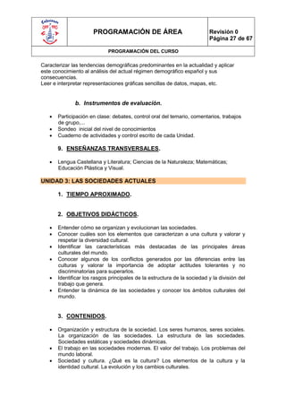PROGRAMACIÓN DE ÁREA                                Revisión 0
                                                                          Página 27 de 67

                             PROGRAMACIÓN DEL CURSO

Caracterizar las tendencias demográficas predominantes en la actualidad y aplicar
este conocimiento al análisis del actual régimen demográfico español y sus
consecuencias.
Leer e interpretar representaciones gráficas sencillas de datos, mapas, etc.


              b. Instrumentos de evaluación.

      Participación en clase: debates, control oral del temario, comentarios, trabajos
       de grupo,...
      Sondeo inicial del nivel de conocimientos
      Cuaderno de actividades y control escrito de cada Unidad.

       9. ENSEÑANZAS TRANSVERSALES.

      Lengua Castellana y Literatura; Ciencias de la Naturaleza; Matemáticas;
       Educación Plástica y Visual.

UNIDAD 3: LAS SOCIEDADES ACTUALES

       1. TIEMPO APROXIMADO.


       2. OBJETIVOS DIDÁCTICOS.

      Entender cómo se organizan y evolucionan las sociedades.
      Conocer cuáles son los elementos que caracterizan a una cultura y valorar y
       respetar la diversidad cultural.
      Identificar las características más destacadas de las principales áreas
       culturales del mundo.
      Conocer algunos de los conflictos generados por las diferencias entre las
       culturas y valorar la importancia de adoptar actitudes tolerantes y no
       discriminatorias para superarlos.
      Identificar los rasgos principales de la estructura de la sociedad y la división del
       trabajo que genera.
      Entender la dinámica de las sociedades y conocer los ámbitos culturales del
       mundo.


       3. CONTENIDOS.

      Organización y estructura de la sociedad. Los seres humanos, seres sociales.
       La organización de las sociedades. La estructura de las sociedades.
       Sociedades estáticas y sociedades dinámicas.
      El trabajo en las sociedades modernas. El valor del trabajo. Los problemas del
       mundo laboral.
      Sociedad y cultura. ¿Qué es la cultura? Los elementos de la cultura y la
       identidad cultural. La evolución y los cambios culturales.
 