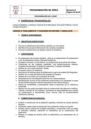 PROGRAMACIÓN DE ÁREA                                Revisión 0
                                                                          Página 35 de 67

                             PROGRAMACIÓN DEL CURSO


       9. ENSEÑANZAS TRANSVERSALES.

Lengua Castellana y Literatura; Ciencias de la Naturaleza; Educación Plástica y Visual;
Lengua extranjera.

UNIDAD 5: POBLAMIENTO Y CIUDADES EN ESPAÑA Y ANDALUCÍA

       1. TIEMPO APROXIMADO.


       2. OBJETIVOS DIDÁCTICOS.

      Conocer el poblamiento del territorio español y su red urbana.
      Identificar las actuales tendencias de las ciudades españolas.
      Conocer el poblamiento y el espacio urbano de Andalucía.

       3. CONTENIDOS.

      El poblamiento del territorio español. ¿Qué es el poblamiento? El poblamiento
       rural. El poblamiento urbano. Ejemplos andaluces.
      Ciudades y territorio. La red urbana. La configuración de la actual red urbana.
      Tendencias de las ciudades españolas. Las transformaciones urbanas.
       Ciudades terciarizadas. Ciudades en expansión. Ciudades habitables.
      Análisis de una ciudad española: Sevilla.
      El espacio urbano en Andalucía.
      Descripción de distintos tipos de poblamiento a partir del análisis de fotografías.
      Análisis de un mapa del sistema de ciudades en España.
      Análisis de una ciudad, con el ejemplo de Sevilla.
      Interpretación de una fotografía aérea de una ciudad andaluza.
      Sensibilización acerca de los problemas ocasionados a los habitantes a causa
       de las transformaciones urbanas producidas en los últimos tiempos.
      Actitud de sensibilidad y preocupación hacia la aplicación de un urbanismo
       sostenible.
      Muestra de una actitud favorable hacia la conservación del patrimonio histórico,
       cultural y artístico de las ciudades, asumiendo la responsabilidad que supone
       su conservación y apreciándolo como recurso para el enriquecimiento
       individual y colectivo.

       4. COMPETENCIAS BÁSICAS.

      Analizar la distribución de la población española, teniendo en cuenta distintos
       factores.
      Interpretar mapas sobre la distribución de la población urbana en España.
      Analizar planos urbanos de ciudades españolas y comprender cómo se refleja
       la evolución histórica, valorando la importancia de la preservación del
       patrimonio.
      Realizar un trabajo de síntesis sobre el poblamiento y la urbanización de un
       territorio
 