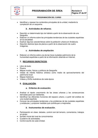 PROGRAMACIÓN DE ÁREA                               Revisión 0
                                                                      Página 37 de 67

                          PROGRAMACIÓN DEL CURSO

   Identificar y repasar los contenidos principales de la unidad, mediante la
    compleción de un esquema.

           b. Actividades de refuerzo.

   Describir un determinado tipo de hábitat a partir de la observación de una
    fotografía.
   Elaborar un informe sobre las principales tendencias de las ciudades españolas
    en la actualidad.
   Explicar algunas características sobre la población urbana en Andalucía.
   Describir distintos tipos de planos a partir de la observación de cuatro
    imágenes.

           c. Actividades de ampliación.

   Elaborar un informe sobre una de las trece ciudades patrimonio de la
    humanidad españolas a partir de la información obtenida en Internet.

    7. RECURSOS DIDÁCTICOS.

   Libro de texto
   Pizarra
   Mapas mudos, físicos y políticos de Geografía
   Visitas de interés histórico artístico como medio de aprovechamiento del
    patrimonio local
   Mapas históricos
   Vídeos y DVDs ilustrativos de cada época

    8. EVALUACIÓN.

           a. Criterios de evaluación.

   Analizar el rápido crecimiento de las áreas urbanas y las consecuencias
    derivadas para sus habitantes.
   Identificar las diferentes funciones del espacio urbano, a partir del análisis de
    una ciudad española.
   Conocer las principales tendencias y los problemas de las ciudades españolas
    y andaluzas, y proponer medidas que contribuyan a mejorarlas.

           b. Instrumentos de evaluación.

   Participación en clase: debates, control oral del temario, comentarios, trabajos
    en grupo.
   Sondeo inicial del nivel de conocimientos
   Cuaderno de actividades.
   Control escrito de cada Unidad.
 