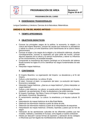 PROGRAMACIÓN DE ÁREA                                Revisión 0
                                                                          Página 38 de 67

                             PROGRAMACIÓN DEL CURSO


       9. ENSEÑANZAS TRANSVERSALES.

Lengua Castellana y Literatura; Ciencias de la Naturaleza; Matemáticas.

UNIDAD 6: EL FIN DEL MUNDO ANTIGUO

       1. TIEMPO APROXIMADO.


       2. OBJETIVOS DIDÁCTICOS.

      Conocer los principales rasgos de la política, la economía, la religión y la
       cultura del Imperio Bizantino, conocer las causas que motivaron su decadencia
       y valorar la cultura y el arte bizantinos como transmisores de la cultura clásica
       grecorromana.
      Conocer el origen y los rasgos de la religión y la civilización islámicas, situarlas
       cronológicamente, conocer su expansión por gran parte del mundo, conocer
       algunos aspectos de la cultura y la ciencia musulmanas y valorar su influencia
       en los conocimientos y la sociedad actuales.
      Comprender la importancia del Imperio Carolingio en la formación del sistema
       feudal durante los siglos IX al XI e identificar los rasgos fundamentales de este
       período.
      Interpretar mapas históricos.

       3. CONTENIDOS.

      El Imperio Bizantino. La organización del Imperio. La decadencia y el fin del
       Imperio.
      Cultura y arte bizantinos. La cultura. El arte.
      El islam. Conocer el islam. La expansión del islam. La evolución del Imperio.
       Economía y sociedad.
      Interpretar mapas históricos. ¿Qué es un mapa histórico? ¿Cómo interpretar un
       mapa histórico?
      Cultura y arte islámicos. La cultura: un puente entre la Antigüedad y la Europa
       medieval. Las aportaciones. El arte: la arquitectura y las artes menores.
      El Imperio Carolingio. Del Reino Franco al Imperio Carolingio. La organización
       del Imperio. Economía. Decadencia.
      El renacimiento carolingio. La cultura: la enseñanza y el impulso cultural. El
       arte.
      Interpretación de mapas históricos de la Alta Edad Media.
      Obtención de información histórica a partir de obras de arte.
      Obtención de información histórica a partir de la interpretación de esquemas.
      Interpretación de mapas históricos: símbolos, leyendas y pasos que se han de
       seguir.
      Valoración de las aportaciones culturales de los diferentes pueblos que han
       invadido, habitado y coexistido en Europa, como legado a nuestra civilización.
      Interés por descubrir nuevas formas de expresión y valoración de los vestigios
       e influencias que han legado las manifestaciones artísticas del pasado.
 