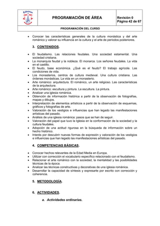 PROGRAMACIÓN DE ÁREA                              Revisión 0
                                                                     Página 42 de 67

                         PROGRAMACIÓN DEL CURSO

   Conocer las características generales de la cultura monástica y del arte
    románico y valorar su influencia en la cultura y el arte de períodos posteriores.

    3. CONTENIDOS.

   El feudalismo. Las relaciones feudales. Una sociedad estamental. Una
    sociedad cristiana.
   La monarquía feudal y la nobleza. El monarca. Los señores feudales. La vida
    en el castillo.
   El feudo, base económica. ¿Qué es el feudo? El trabajo agrícola. Las
    condiciones de vida.
   Los monasterios, centros de cultura medieval. Una cultura cristiana. Las
    órdenes monásticas. La vida en un monasterio.
   Arte románico: arquitectura. El románico, un arte religioso. Las características
    de la arquitectura.
   Arte románico: escultura y pintura. La escultura. La pintura.
   Analizar una iglesia románica.
   Obtención de información histórica a partir de la observación de fotografías,
    mapas y dibujos.
   Interpretación de elementos artísticos a partir de la observación de esquemas,
    gráficos y fotografías de arte.
   Valoración de los vestigios e influencias que han legado las manifestaciones
    artísticas del pasado.
   Análisis de una iglesia románica: pasos que se han de seguir.
   Valoración del papel que tuvo la Iglesia en la conformación de la sociedad y la
    cultura feudales.
   Adopción de una actitud rigurosa en la búsqueda de información sobre un
    hecho histórico.
   Interés por descubrir nuevas formas de expresión y valoración de los vestigios
    e influencias que han legado las manifestaciones artísticas del pasado.

    4. COMPETENCIAS BÁSICAS.

   Conocer hechos relevantes de la Edad Media en Europa.
   Utilizar con corrección el vocabulario específico relacionado con el feudalismo.
   Relacionar el arte románico con la sociedad, la mentalidad y las posibilidades
    técnicas de la época.
   Analizar las técnicas constructivas y decorativas de una iglesia románica.
   Desarrollar la capacidad de síntesis y expresarte por escrito con corrección y
    coherencia.

    5. METODOLOGÍA.


    6. ACTIVIDADES.

           a. Actividades ordinarias.
 