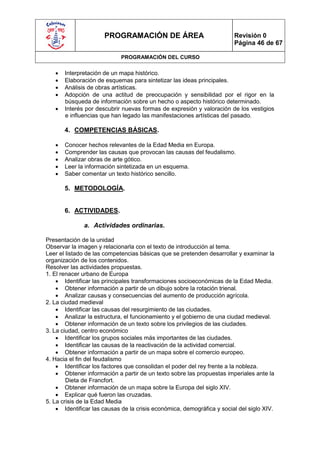 PROGRAMACIÓN DE ÁREA                              Revisión 0
                                                                        Página 46 de 67

                             PROGRAMACIÓN DEL CURSO

      Interpretación de un mapa histórico.
      Elaboración de esquemas para sintetizar las ideas principales.
      Análisis de obras artísticas.
      Adopción de una actitud de preocupación y sensibilidad por el rigor en la
       búsqueda de información sobre un hecho o aspecto histórico determinado.
      Interés por descubrir nuevas formas de expresión y valoración de los vestigios
       e influencias que han legado las manifestaciones artísticas del pasado.

       4. COMPETENCIAS BÁSICAS.

      Conocer hechos relevantes de la Edad Media en Europa.
      Comprender las causas que provocan las causas del feudalismo.
      Analizar obras de arte gótico.
      Leer la información sintetizada en un esquema.
      Saber comentar un texto histórico sencillo.

       5. METODOLOGÍA.


       6. ACTIVIDADES.

              a. Actividades ordinarias.

Presentación de la unidad
Observar la imagen y relacionarla con el texto de introducción al tema.
Leer el listado de las competencias básicas que se pretenden desarrollar y examinar la
organización de los contenidos.
Resolver las actividades propuestas.
1. El renacer urbano de Europa
     Identificar las principales transformaciones socioeconómicas de la Edad Media.
     Obtener información a partir de un dibujo sobre la rotación trienal.
     Analizar causas y consecuencias del aumento de producción agrícola.
2. La ciudad medieval
     Identificar las causas del resurgimiento de las ciudades.
     Analizar la estructura, el funcionamiento y el gobierno de una ciudad medieval.
     Obtener información de un texto sobre los privilegios de las ciudades.
3. La ciudad, centro económico
     Identificar los grupos sociales más importantes de las ciudades.
     Identificar las causas de la reactivación de la actividad comercial.
     Obtener información a partir de un mapa sobre el comercio europeo.
4. Hacia el fin del feudalismo
     Identificar los factores que consolidan el poder del rey frente a la nobleza.
     Obtener información a partir de un texto sobre las propuestas imperiales ante la
        Dieta de Francfort.
     Obtener información de un mapa sobre la Europa del siglo XIV.
     Explicar qué fueron las cruzadas.
5. La crisis de la Edad Media
     Identificar las causas de la crisis económica, demográfica y social del siglo XIV.
 