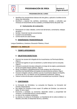 PROGRAMACIÓN DE ÁREA                                 Revisión 0
                                                                            Página 48 de 67

                              PROGRAMACIÓN DEL CURSO

      Identificar las características básicas del arte gótico y aplicarlo al análisis de las
       obras más relevantes.
      Identificar y exponer los cambios, económicos, sociales y culturales que
       introduce el renacimiento de las ciudades y el fortalecimiento del poder real.

              d. Instrumentos de evaluación.

      Participación en clase: debates, control oral del temario, comentarios, trabajos
       de grupo,...
      Sondeo inicial del nivel de conocimientos
      Cuaderno de actividades.
      Control escrito de cada Unidad.

       9. ENSEÑANZAS TRANSVERSALES.

Lengua Castellana y Literatura; Educación Plástica y Visual.

UNIDAD 9: AL-ANDALUS

       1. TIEMPO APROXIMADO.


       2. OBJETIVOS DIDÁCTICOS.

      Conocer las causas de la llegada de los musulmanes a la Península Ibérica.
       (Oga a)
      Conocer los lugares en que se asentaron y cuánto tiempo duró la conquista.
       (Oga b)
      Conocer la evolución de esta civilización a lo largo de los siglos y periodización
       de las principales etapas políticas. (Oga b)
      Situar cronológica y geográficamente el arte andalusí de la Península e
       identificar las características principales de esta tendencia artística. (Oga j)
      Conocer el legado cultural y artístico que los musulmanes dejaron en España,
       su forma de vivir y su relación con los pobladores autóctonos. (Oga g)
      Valorar la obra de arte para comprender la sociedad que la produce. (Oga g)


       3. CONTENIDOS.

      La formación de Al-Andalus. La conquista de Hispania. La formación del
       emirato independiente.
      Del califato de Córdoba al reino nazarí. El califato de Córdoba. Los reinos de
       taifas. El reino nazarí.
      Economía y sociedad. La economía: desarrollo urbano y prosperidad del
       comercio. La diversidad étnica y social andalusí.
      La vida en las ciudades andalusíes.
      La ciencia y la cultura en Al-Andalus. La importancia de la cultura andalusí. La
       filosofía y las artes. El desarrollo técnico y científico.
 