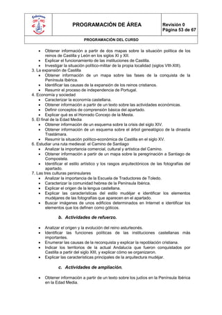 PROGRAMACIÓN DE ÁREA                               Revisión 0
                                                                         Página 53 de 67

                             PROGRAMACIÓN DEL CURSO

        Obtener información a partir de dos mapas sobre la situación política de los
         reinos de Castilla y León en los siglos XI y XII.
     Explicar el funcionamiento de las instituciones de Castilla.
     Investigar la situación político-militar de la propia localidad (siglos VIII-XIII).
3. La expansión de Castilla
     Obtener información de un mapa sobre las fases de la conquista de la
         Península Ibérica.
     Identificar las causas de la expansión de los reinos cristianos.
     Resumir el proceso de independencia de Portugal.
4. Economía y sociedad
     Caracterizar la economía castellana.
     Obtener información a partir de un texto sobre las actividades económicas.
     Definir conceptos de comprensión básica del apartado.
     Explicar qué es el Honrado Concejo de la Mesta.
5. El final de la Edad Media
     Obtener información de un esquema sobre la crisis del siglo XIV.
     Obtener información de un esquema sobre el árbol genealógico de la dinastía
         Trastámara.
     Resumir la situación político-económica de Castilla en el siglo XV.
6. Estudiar una ruta medieval: el Camino de Santiago
     Analizar la importancia comercial, cultural y artística del Camino.
     Obtener información a partir de un mapa sobre la peregrinación a Santiago de
         Compostela.
     Identificar el estilo artístico y los rasgos arquitectónicos de las fotografías del
         apartado.
7. Las tres culturas peninsulares
     Analizar la importancia de la Escuela de Traductores de Toledo.
     Caracterizar la comunidad hebrea de la Península Ibérica.
     Explicar el origen de la lengua castellana.
     Explicar las características del estilo mudéjar e identificar los elementos
         mudéjares de las fotografías que aparecen en el apartado.
     Buscar imágenes de unos edificios determinados en Internet e identificar los
         elementos que los definen como góticos.

              b. Actividades de refuerzo.

      Analizar el origen y la evolución del reino asturleonés.
      Identificar las funciones políticas de las instituciones castellanas más
       importantes.
      Enumerar las causas de la reconquista y explicar la repoblación cristiana.
      Indicar los territorios de la actual Andalucía que fueron conquistados por
       Castilla a partir del siglo XIII, y explicar cómo se organizaron.
      Explicar las características principales de la arquitectura mudéjar.

              c. Actividades de ampliación.

      Obtener información a partir de un texto sobre los judíos en la Península Ibérica
       en la Edad Media.
 
