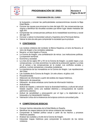 PROGRAMACIÓN DE ÁREA                                Revisión 0
                                                                       Página 55 de 67

                          PROGRAMACIÓN DEL CURSO

    la burguesía y conocer las particularidades socioeconómicas durante la Baja
    Edad Media
   Conocer las causas que provocan la crisis del siglo XIV, las consecuencias que
    origina e identificar las revueltas sociales que tienen lugar desde mediados del
    siglo XIV.
   Comprender las consecuencias políticas de la inestabilidad económica y social
    del siglo XIV
   Conocer y valorar la diversidad cultural y lingüística de la Península Ibérica.
   Valorar la obra de arte para comprender la sociedad que la produce.

    3. CONTENIDOS.

   Los núcleos cristianos del nordeste: la Marca Hispánica, el reino de Navarra, el
    reino de Aragón y los condados catalanes.
   Navarra: un reino ligado a Francia.
   La Corona de Aragón: una confederación de reinos. Las instituciones políticas.
    La expansión territorial.
   Economía y sociedad.
   La crisis de los siglos XIV y XV en la Corona de Aragón. La peste negra y sus
    consecuencias. La crisis económica: la caída de la producción agraria. La crisis
    en el campo y las consecuencias en la ciudad. Los conflictos sociales y
    políticos. Luchas campesinas y revueltas ciudadanas.
   La importancia de los monasterios en la Corona de Aragón. Las repoblaciones
    del Císter.
   Las ciudades de la Corona de Aragón. Un arte urbano: el gótico civil.
   Procedimentales
   Obtención de información a partir del análisis de mapas históricos.
   Elaboración de esquemas.
   Utilización de obras artísticas como fuente de información histórica.
   Actitudinales
   Actitud de respeto y valoración hacia la diversidad histórica y cultural del actual
    Estado español, como una realidad distintiva y enriquecedora de nuestro
    patrimonio colectivo.
   Actitud de sensibilidad y preocupación por el rigor y la objetividad en la
    búsqueda y la interpretación histórica.
   Valoración crítica de la intolerancia de la época contra la comunidad judía.


    4. COMPETENCIAS BÁSICAS.

   Conocer hechos relevantes de la Edad Media en España.
   Identificar los rasgos básicos de los reinos cristianos del nordeste.
   Comprender la realidad política actual a partir de los hechos y procesos
    históricos pasados.
   Analizar las ciudades y el arte de la Corona de Aragón.
   Interpretar mapas históricos para comprender la evolución de los reinos
    cristianos
 
