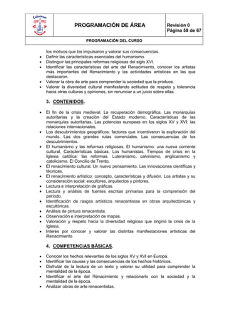 PROGRAMACIÓN DE ÁREA                               Revisión 0
                                                                      Página 58 de 67

                          PROGRAMACIÓN DEL CURSO

    los motivos que los impulsaron y valorar sus consecuencias.
   Definir las características esenciales del humanismo.
   Distinguir las principales reformas religiosas del siglo XVI.
   Identificar las características del arte del Renacimiento, conocer los artistas
    más importantes del Renacimiento y las actividades artísticas en las que
    destacaron.
   Valorar la obra de arte para comprender la sociedad que la produce.
   Valorar la diversidad cultural manifestando actitudes de respeto y tolerancia
    hacia otras culturas y opiniones, sin renunciar a un juicio sobre ellas.

    3. CONTENIDOS.

   El fin de la crisis medieval. La recuperación demográfica. Las monarquías
    autoritarias y la creación del Estado moderno. Características de las
    monarquías autoritarias. Las potencias europeas en los siglos XV y XVI: las
    relaciones internacionales.
   Los descubrimientos geográficos: factores que incentivaron la exploración del
    mundo. Las dos grandes rutas comerciales. Las consecuencias de los
    descubrimientos.
   El humanismo y las reformas religiosas. El humanismo: una nueva corriente
    cultural. Características básicas. Los humanistas. Tiempos de crisis en la
    Iglesia católica: las reformas. Luteranismo, calvinismo, anglicanismo y
    catolicismo. El Concilio de Trento.
   El renacimiento cultural. Un nuevo pensamiento. Las innovaciones científicas y
    técnicas.
   El renacimiento artístico: concepto, características y difusión. Los artistas y su
    consideración social: escultores, arquitectos y pintores.
   Lectura e interpretación de gráficas.
   Lectura y análisis de fuentes escritas primarias para la comprensión del
    período.
   Identificación de rasgos artísticos renacentistas en obras arquitectónicas y
    escultóricas.
   Análisis de pintura renacentista.
   Observación e interpretación de mapas.
   Valoración y respeto hacia la diversidad religiosa que originó la crisis de la
    Iglesia.
   Interés por conocer y valorar las distintas manifestaciones artísticas del
    Renacimiento.

    4. COMPETENCIAS BÁSICAS.

   Conocer los hechos relevantes de los siglos XV y XVI en Europa.
   Identificar las causas y las consecuencias de los hechos históricos.
   Disfrutar de la lectura de un texto y valorar su utilidad para comprender la
    mentalidad de la época.
   Identificar el arte del Renacimiento y relacionarlo con la sociedad y la
    mentalidad de la época.
   Analizar obras de arte renacentistas.
 