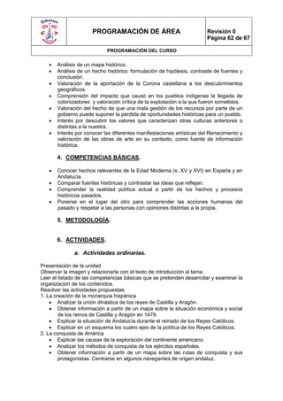 PROGRAMACIÓN DE ÁREA                             Revisión 0
                                                                       Página 62 de 67

                            PROGRAMACIÓN DEL CURSO

      Análisis de un mapa histórico.
      Análisis de un hecho histórico: formulación de hipótesis, contraste de fuentes y
       conclusión.
      Valoración de la aportación de la Corona castellana a los descubrimientos
       geográficos.
      Comprensión del impacto que causó en los pueblos indígenas la llegada de
       colonizadores y valoración crítica de la explotación a la que fueron sometidos.
      Valoración del hecho de que una mala gestión de los recursos por parte de un
       gobierno puede suponer la pérdida de oportunidades históricas para un pueblo.
      Interés por descubrir los valores que caracterizan otras culturas anteriores o
       distintas a la nuestra.
      Interés por conocer las diferentes manifestaciones artísticas del Renacimiento y
       valoración de las obras de arte en su contexto, como fuente de información
       histórica.

       4. COMPETENCIAS BÁSICAS.

      Conocer hechos relevantes de la Edad Moderna (s. XV y XVI) en España y en
       Andalucía.
      Comparar fuentes históricas y contrastar las ideas que reflejan.
      Comprender la realidad política actual a partir de los hechos y procesos
       históricos pasados.
      Ponerse en el lugar del otro para comprender las acciones humanas del
       pasado y respetar a las personas con opiniones distintas a la propia.

       5. METODOLOGÍA.


       6. ACTIVIDADES.

              a. Actividades ordinarias.

Presentación de la unidad
Observar la imagen y relacionarla con el texto de introducción al tema.
Leer el listado de las competencias básicas que se pretenden desarrollar y examinar la
organización de los contenidos.
Resolver las actividades propuestas.
1. La creación de la monarquía hispánica
     Analizar la unión dinástica de los reyes de Castilla y Aragón.
     Obtener información a partir de un mapa sobre la situación económica y social
        de los reinos de Castilla y Aragón en 1479.
     Explicar la situación de Andalucía durante el reinado de los Reyes Católicos.
     Explicar en un esquema los cuatro ejes de la política de los Reyes Católicos.
2. La conquista de América
     Explicar las causas de la exploración del continente americano.
     Analizar los métodos de conquista de los ejércitos españoles.
     Obtener información a partir de un mapa sobre las rutas de conquista y sus
        protagonistas. Centrarse en algunos navegantes de origen andaluz.
 