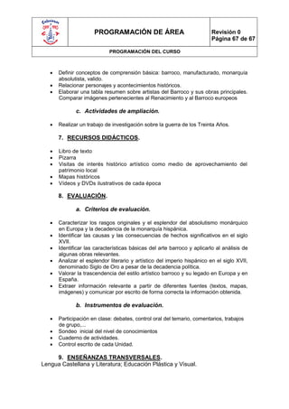 PROGRAMACIÓN DE ÁREA                                Revisión 0
                                                                          Página 67 de 67

                             PROGRAMACIÓN DEL CURSO



      Definir conceptos de comprensión básica: barroco, manufacturado, monarquía
       absolutista, valido.
      Relacionar personajes y acontecimientos históricos.
      Elaborar una tabla resumen sobre artistas del Barroco y sus obras principales.
       Comparar imágenes pertenecientes al Renacimiento y al Barroco europeos

              c. Actividades de ampliación.

      Realizar un trabajo de investigación sobre la guerra de los Treinta Años.

       7. RECURSOS DIDÁCTICOS.

      Libro de texto
      Pizarra
      Visitas de interés histórico artístico como medio de aprovechamiento del
       patrimonio local
      Mapas históricos
      Vídeos y DVDs ilustrativos de cada época

       8. EVALUACIÓN.

              a. Criterios de evaluación.

      Caracterizar los rasgos originales y el esplendor del absolutismo monárquico
       en Europa y la decadencia de la monarquía hispánica.
      Identificar las causas y las consecuencias de hechos significativos en el siglo
       XVII.
      Identificar las características básicas del arte barroco y aplicarlo al análisis de
       algunas obras relevantes.
      Analizar el esplendor literario y artístico del imperio hispánico en el siglo XVII,
       denominado Siglo de Oro a pesar de la decadencia política.
      Valorar la trascendencia del estilo artístico barroco y su legado en Europa y en
       España.
      Extraer información relevante a partir de diferentes fuentes (textos, mapas,
       imágenes) y comunicar por escrito de forma correcta la información obtenida.

              b. Instrumentos de evaluación.

      Participación en clase: debates, control oral del temario, comentarios, trabajos
       de grupo,...
      Sondeo inicial del nivel de conocimientos
      Cuaderno de actividades.
      Control escrito de cada Unidad.

     9. ENSEÑANZAS TRANSVERSALES.
Lengua Castellana y Literatura; Educación Plástica y Visual.
 