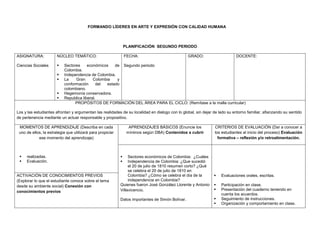 FORMANDO LÍDERES EN ARTE Y EXPRESIÓN CON CALIDAD HUMANA
PLANIFICACIÓN SEGUNDO PERIODO
ASIGNATURA:
Ciencias Sociales
NÚCLEO TEMÁTICO:
 Sectores económicos de
Colombia.
 Independencia de Colombia.
 La Gran Colombia y
conformación del estado
colombiano.
 Hegemonía conservadora.
 Republica liberal.
FECHA:
Segundo periodo
GRADO: DOCENTE:
PROPÓSITOS DE FORMACIÓN DEL ÁREA PARA EL CICLO: (Remítase a la malla curricular)
Los y las estudiantes afrontan y argumentan las realidades de su localidad en dialogo con lo global, sin dejar de lado su entorno familiar, afianzando su sentido
de pertenencia mediante un actuar responsable y propositivo.
MOMENTOS DE APRENDIZAJE (Describa en cada
uno de ellos, la estrategia que utilizará para propiciar
ese momento del aprendizaje)
 realizadas.
 Evaluación.
APRENDIZAJES BÁSICOS (Enuncie los
mínimos según DBA) Contenidos a cubrir
CRITERIOS DE EVALUACIÓN (Dar a conocer a
los estudiantes al inicio del proceso) Evaluación
formativa – reflexión y/o retroalimentación.
 Sectores económicos de Colombia: ¿Cuáles
 Independencia de Colombia: ¿Que sucedió
el 20 de julio de 1810 resumen corto? ¿Qué
se celebra el 20 de julio de 1810 en
Colombia? ¿Cómo se celebra el día de la
independencia en Colombia?
Quienes fueron José González Llorente y Antonio
Villavicencio.
Datos importantes de Simón Bolívar.
 Evaluaciones orales, escritas.
 Participación en clase.
 Presentación del cuaderno teniendo en
cuenta los acuerdos.
 Seguimiento de instrucciones.
 Organización y comportamiento en clase.
ACTIVACIÓN DE CONOCIMIENTOS PREVIOS
(Explorar lo que el estudiante conoce sobre el tema
desde su ambiente social) Conexión con
conocimientos previos
 