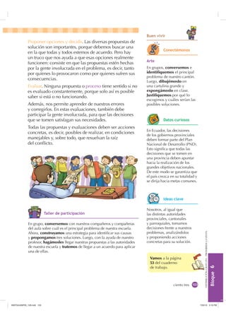 %ORTXH

DISTRIBUCIÓNGRATUITA-PROHIBIDALAVENTA
Proponer opciones y decidir. Las diversas propuestas de
solución son importantes, porque debemos buscar una
en la que todas y todos estemos de acuerdo. Pero hay
un truco que nos ayuda a que esas opciones realmente
funcionen: consiste en que las propuestas estén hechas
por la gente involucrada en el problema, es decir, tanto
por quienes lo provocaron como por quienes sufren sus
consecuencias.
Evaluar. Ninguna propuesta o proceso tiene sentido si no
es evaluado constantemente, porque solo así es posible
saber si está o no funcionando.
Además, nos permite aprender de nuestros errores
y corregirlos. En estas evaluaciones, también debe
participar la gente involucrada, para que las decisiones
que se tomen satisfagan sus necesidades.
Todas las propuestas y evaluaciones deben ser acciones
concretas, es decir, posibles de realizar, en condiciones
manejables y, sobre todo, que resuelvan la raíz
del conﬂicto.
ciento tres
Vamos a la página
53 del cuaderno
de trabajo.
Nosotros, al igual que
las distintas autoridades
provinciales, cantonales
y parroquiales, tomamos
decisiones frente a nuestros
problemas, analizándolos
y proponiendo acciones
concretas para su solución.
$UWH
En grupos, conversemos e
identifiquemos el principal
problema de nuestro cantón.
Luego, dibujémoslo en
una cartulina grande y
expongámoslo en clase.
Justifiquemos por qué lo
escogimos y cuáles serían las
posibles soluciones.
En grupo, conversemos con nuestros compañeros y compañeras
del aula sobre cuál es el principal problema de nuestra escuela.
Ahora, construyamos una estrategia para identiﬁcar sus causas
y propongamos tres soluciones. Luego, con la ayuda de nuestro
profesor, hagámosles llegar nuestras propuestas a las autoridades
de nuestra escuela y tratemos de llegar a un acuerdo para aplicar
una de ellas.
En Ecuador, las decisiones
de los gobiernos provinciales
deben formar parte del Plan
Nacional de Desarrollo (PND).
Esto signiﬁca que todas las
decisiones que se tomen en
una provincia deben apuntar
hacia la realización de los
grandes objetivos nacionales.
De este modo se garantiza que
el país crezca en su totalidad y
se dirija hacia metas comunes.
RQHFWpPRQRV
'DWRV FXULRVRV
,GHDV FODYH
7DOOHU GH SDUWLFLSDFLyQ
%XHQ YLYLU
,117683BLQGG    30
 