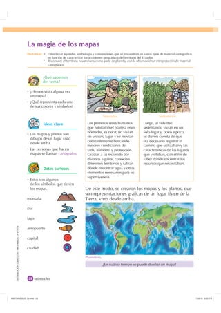 DISTRIBUCIÓNGRATUITA-PROHIBIDALAVENTADISTRIBUCIÓNGRATUITA-PROHIBIDALAVENTA
De este modo, se crearon los mapas y los planos, que
son representaciones gráﬁcas de un lugar físico de la
Tierra, visto desde arriba.
veintiocho
Nómadas. Sedentarios.
Los primeros seres humanos
que habitaron el planeta eran
nómadas, es decir, no vivían
en un solo lugar y se movían
constantemente buscando
mejores condiciones de
vida, alimento y protección.
Gracias a su recorrido por
diversos lugares, conocían
diferentes territorios y sabían
dónde encontrar agua y otros
elementos necesarios para su
supervivencia.
Luego, al volverse
sedentarios, vivían en un
solo lugar y, poco a poco,
se dieron cuenta de que
era necesario registrar el
camino que utilizaban y las
características de los lugares
que visitaban, con el ﬁn de
saber dónde encontrar los
recursos que necesitaban.
¿En cuánto tiempo se puede diseñar un mapa?
Ȼ ¿Hemos visto alguna vez
un mapa?
Ȼ ¿Qué representa cada uno
de sus colores y símbolos?
Ȼ Los mapas y planos son
dibujos de un lugar visto
desde arriba.
Ȼ Las personas que hacen
mapas se llaman cartógrafos.
Ȼ Estos son algunos
de los símbolos que tienen
los mapas.
montaña
río
lago
aeropuerto
capital
ciudad
/D PDJLD GH ORV PDSDV
'HVWUH]DV Ȼ Diferenciar leyendas, simbología y convenciones que se encuentran en varios tipos de material cartográﬁco,
en función de caracterizar los accidentes geográﬁcos del territorio del Ecuador.
Ȼ Reconocer el territorio ecuatoriano como parte de planeta, con la observación e interpretación de material
cartográﬁco.
Planisferio.
¢4Xp VDEHPRV
GHO WHPD
,GHDV FODYH
'DWRV FXULRVRV
,117683BLQGG    30
 