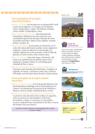 %ORTXH

DISTRIBUCIÓNGRATUITA-PROHIBIDALAVENTADISTRIBUCIÓNGRATUITA-PROHIBIDALAVENTA
Vamos a la página
20 del cuaderno
de trabajo.
Áreas protegidas de la región
natural Interandina
Ȼ Reserva El Ángel. Se encuentra en un páramo del Carchi
y tiene varias lagunas y un bosque con frailejones,
alisos, chuquiraguas y sigses. Allí habitan animales,
como conejos, curiquingues y otros.
Ȼ Reserva Cotacachi-Cayapas. Está ubicada entre
Esmeraldas e Imbabura; por esta razón hay una
variedad de especies de dos tipos distintos de clima.
Se pueden encontrar: tapires, boas, tigrillos, venados,
pumas, conejos, etc.
Ȼ Reserva Pululahua. Se encuentra en Pichincha, en el
cráter del volcán del mismo nombre. Existe vegetación
originaria, como la valeriana, la uña de gato y el
mortiño; además de varios animales, como el lobo de
páramo, el ciervo enano, entre muchos otros.
Ȼ Reserva Antisana. Está entre Napo y Pichincha. Allí
existe una combinación maravillosa entre nieves
perpetuas y bosque andino, el cual alberga gran
variedad de ﬂora y fauna.
Ȼ Parques Nacionales Cotopaxi, Cajas y Podocarpus.
El primero está ubicado entre Pichincha y Cotopaxi; el
segundo, en Azuay; y el tercero, entre Loja y Zamora
Chinchipe. Los tres están llenos de ﬂora y fauna nativas.
Áreas protegidas de la región natural
Amazónica
Ȼ Parque Nacional Yasuní. Es el más grande del país y fue
declarado Reserva Biológica de la Humanidad, por la
Unesco. Se extiende por las provincias de Orellana y
Pastaza y tiene la mayor variedad de ﬂora y fauna.
Ȼ Reservas Cuyabeno, Cayambe-Coca y Limoncocha.
La primera está ubicada en Sucumbíos; la segunda,
entre las provincias de Imbabura, Pichincha,
Sucumbíos y Napo; y la tercera, en Sucumbíos.
Las tres comparten las características de ﬂora y fauna
del Parque Nacional Yasuní.
treinta y nueve
¿Cuál es la reserva natural o zona protegida más cercana
a nuestra ciudad?
%XHQ YLYLU
Reserva El Ángel.
Islas Galápagos.
Región natural Amazónica.
Cerca de nuestra ciudad debe
haber un parque nacional
o una reserva ecológica.
¿Cómo podemos averiguar
esta información? ¿Cuál fue
la conclusión a la que
llegamos? Compartamos
estos datos en clase.
7DOOHU GH
SDUWLFLSDFLyQ
www.galapagos-ecuador.com
1DYHJXHPRV
,117683BLQGG    30
 