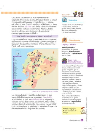 %ORTXH

DISTRIBUCIÓNGRATUITA-PROHIBIDALAVENTA
cincuenta y uno
Vamos a la página
26 del cuaderno de
trabajo.
%XHQ YLYLU
Una de las características más importantes de
un grupo étnico es su idioma. De acuerdo con la actual
Constitución del Ecuador, el castellano es el idioma
oﬁcial en el país. Pero el castellano, el kichwa y el shuar
son los idiomas oﬁciales para todas las relaciones entre
las diferentes culturas ecuatorianas. Además, todos
los otros idiomas ancestrales son de uso oﬁcial
en sus respectivas comunidades.
La gran mayoría de los grupos étnicos ecuatorianos son
reconocidos como nacionalidades y pueblos indígenas.
Destacan dos pueblos: montubio (Manta-Huancavilca-
Puná) y el afroecuatoriano.
¿Qué signiﬁca reconocer a un idioma como oﬁcial?
Las nacionalidades y pueblos indígenas en el país
han sufrido históricamente agresiones y exclusión.
Actualmente, el país ha reinvindicado el respeto y el
cuidado por sus tradiciones, costumbres, ritos, ﬁestas,
idiomas, tipos de vestimenta, etc., porque esa variedad
es la que construye la identidad ecuatoriana, lo que nos
diferencia del resto de países del mundo.
Ecuador es un país multiétnico
y pluricultural. Tiene 29
grupos étnicos. Dos pueblos
destacan: el montubio
y el afroecuatoriano.
/HQJXD  /LWHUDWXUD
Identifiquemos un
grupo étnico de nuestra
provincia, investiguemos
sus leyendas y compartamos
una en clase.
Litoral
Interandina
En la selva del Parque Nacional
Yasuní, en Ecuador, existen
grupos indígenas que se
encuentran en aislamiento
voluntario; es decir, quieren
mantener vivas sus costumbres,
sus creencias y su cultura
ancestral, sin tener contacto
con otros grupos y personas.
Estos pueblos se llaman
Tagaeri y Taromenani y tienen
continuos conﬂictos con
los huaoranis, los madereros
y los petroleros que ingresan
en su territorio.
¿Esas comunidades tienen
el derecho de no querer
interactuar con otros grupos
de personas? Organicemos
un debate en clase.
Mapa de los grupos étnicos del Ecuador.
,GHDV FODYH
RQHFWpPRQRV
%XHQ YLYLU
,QWHUFXOWXUDOLGDG
,117683BLQGG    30
 