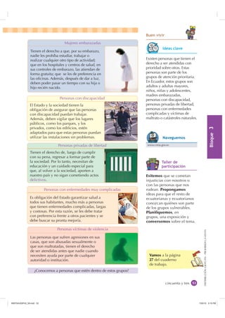 %ORTXH

DISTRIBUCIÓNGRATUITA-PROHIBIDALAVENTA
cincuenta y tres
Vamos a la página
27 del cuaderno
de trabajo.
%XHQ YLYLU
Existen personas que tienen el
derecho a ser atendidas con
prioridad sobre otras. Estas
personas son parte de los
grupos de atención prioritaria.
En Ecuador, estos grupos son
adultos y adultas mayores,
niños, niñas y adolescentes,
madres embarazadas,
personas con discapacidad,
personas privadas de libertad,
personas con enfermedades
complicadas y víctimas de
maltrato o catástrofes naturales.
Evitemos que se cometan
injusticias con nosotros o
con las personas que nos
rodean. Propongamos
ideas para que el resto de
ecuatorianas y ecuatorianos
conozcan quiénes son parte
de los grupos vulnerables.
Planifiquemos, en
grupos, una exposición y
conversemos sobre el tema.
Mujeres embarazadas
Tienen el derecho a que, por su embarazo,
nadie les prohíba estudiar, trabajar o
realizar cualquier otro tipo de actividad;
que en los hospitales y centros de salud, en
sus controles de embarazo, las atiendan de
forma gratuita; que se les de preferencia en
las oﬁcinas. Además, después de dar a luz,
deben poder pasar un tiempo con su hija o
hijo recién nacido.
Personas con discapacidad
El Estado y la sociedad tienen la
obligación de asegurar que las personas
con discapacidad puedan trabajar.
Además, deben vigilar que los lugares
públicos, como los parques, y los
privados, como los ediﬁcios, estén
adaptados para que estas personas puedan
utilizar las instalaciones sin problemas.
Personas privadas de libertad
Tienen el derecho de, luego de cumplir
con su pena, regresar a formar parte de
la sociedad. Por lo tanto, necesitan de
educación y un cuidado especial para
que, al volver a la sociedad, aporten a
nuestro país y no sigan cometiendo actos
delictivos.
Personas con enfermedades muy complicadas
Es obligación del Estado garantizar salud a
todos sus habitantes, mucho más a personas
que tienen enfermedades complicadas, largas
y costosas. Por esta razón, se les debe tratar
con preferencia frente a otros pacientes y se
debe buscar su pronta mejoría.
Personas víctimas de violencia
Las personas que sufren agresiones en sus
casas, que son abusadas sexualmente o
que son maltratadas, tienen el derecho
de ser atendidas antes que nadie cuando
necesiten ayuda por parte de cualquier
autoridad o institución.
¿Conocemos a personas que estén dentro de estos grupos?
,GHDV FODYH
www.cnna.gov.ec
1DYHJXHPRV
7DOOHU GH
SDUWLFLSDFLyQ
,117683BLQGG    30
 