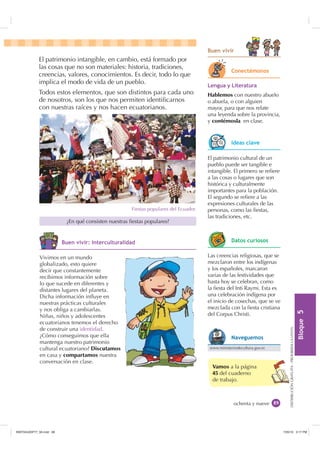 %ORTXH

DISTRIBUCIÓNGRATUITA-PROHIBIDALAVENTA
Vivimos en un mundo
globalizado, esto quiere
decir que constantemente
recibimos información sobre
lo que sucede en diferentes y
distantes lugares del planeta.
Dicha información inﬂuye en
nuestras prácticas culturales
y nos obliga a cambiarlas.
Niñas, niños y adolescentes
ecuatorianos tenemos el derecho
de construir una identidad.
¿Cómo conseguimos que ella
mantenga nuestro patrimonio
cultural ecuatoriano? Discutamos
en casa y compartamos nuestra
conversación en clase.
ochenta y nueve
Vamos a la página
45 del cuaderno
de trabajo.
El patrimonio intangible, en cambio, está formado por
las cosas que no son materiales: historia, tradiciones,
creencias, valores, conocimientos. Es decir, todo lo que
implica el modo de vida de un pueblo.
Todos estos elementos, que son distintos para cada uno
de nosotros, son los que nos permiten identiﬁcarnos
con nuestras raíces y nos hacen ecuatorianos.
¿En qué consisten nuestras ﬁestas populares?
El patrimonio cultural de un
pueblo puede ser tangible e
intangible. El primero se reﬁere
a las cosas o lugares que son
histórica y culturalmente
importantes para la población.
El segundo se reﬁere a las
expresiones culturales de las
personas, como las ﬁestas,
las tradiciones, etc.
/HQJXD  /LWHUDWXUD
Hablemos con nuestro abuelo
o abuela, o con alguien
mayor, para que nos relate
una leyenda sobre la provincia,
y contémosla en clase.
Las creencias religiosas, que se
mezclaron entre los indígenas
y los españoles, marcaron
varias de las festividades que
hasta hoy se celebran, como
la ﬁesta del Inti Raymi. Esta es
una celebración indígena por
el inicio de cosechas, que se ve
mezclada con la ﬁesta cristiana
del Corpus Christi.
Fiestas populares del Ecuador.
RQHFWpPRQRV
,GHDV FODYH
'DWRV FXULRVRV
www.ministeriodecultura.gov.ec
1DYHJXHPRV
%XHQ YLYLU ,QWHUFXOWXUDOLGDG
%XHQ YLYLU
,117683BLQGG    30
 