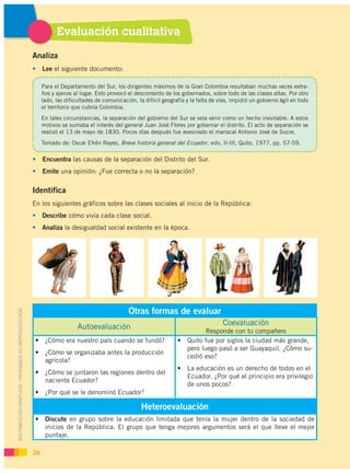 Evaluación cualitativa
                                                    Analiza
                                                    • Lee el siguiente documento:

                                                         Para el Departamento del Sur, los dirigentes máximos de la Gran Colombia resultaban muchas veces extra-
                                                         ños y ajenos al lugar. Esto provocó el descontento de los gobernados, sobre todo de las clases altas. Por otro
                                                         lado, las dificultades de comunicación, la difícil geografía y la falta de vías, impidió un gobierno ágil en todo
                                                         el territorio que cubría Colombia.
                                                         En tales circunstancias, la separación del gobierno del Sur se veía venir como un hecho inevitable. A estos
                                                         motivos se sumaba el interés del general Juan José Flores por gobernar el distrito. El acto de separación se
                                                         realizó el 13 de mayo de 1830. Pocos días después fue asesinado el mariscal Antonio José de Sucre.
                                                         Tomado de: Oscar Efrén Reyes, Breve historia general del Ecuador, vols. II-III, Quito, 1977, pp. 57-59.

                                                    • Encuentra las causas de la separación del Distrito del Sur.
                                                    • Emite una opinión: ¿Fue correcta o no la separación?

                                                    Identifica
                                                    En los siguientes gráficos sobre las clases sociales al inicio de la República:
                                                    • Describe cómo vivía cada clase social.
                                                    • Analiza la desigualdad social existente en la época.




                                                                                             Otras formas de evaluar
DISTRIBUCIÓN GRATUITA - PROHIBIDA SU REPRODUCCIÓN




                                                                        Autoevaluación                                               Coevaluación
                                                                                                                           Responde con tu compañero
                                                     • ¿Cómo era nuestro país cuando se fundó?                    • Quito fue por siglos la ciudad más grande,
                                                                                                                    pero luego pasó a ser Guayaquil. ¿Cómo su-
                                                     • ¿Cómo se organizaba antes la producción
                                                                                                                    cedió eso?
                                                       agrícola?
                                                                                                                  • La educación es un derecho de todos en el
                                                     • ¿Cómo se juntaron las regiones dentro del
                                                                                                                    Ecuador. ¿Por qué al principio era privilegio
                                                       naciente Ecuador?
                                                                                                                    de unos pocos?
                                                     • ¿Por qué se le denominó Ecuador?

                                                                                                   Heteroevaluación
                                                     • Discute en grupo sobre la educación limitada que tenía la mujer dentro de la sociedad de
                                                       inicios de la República. El grupo que tenga mejores argumentos será el que lleve el mejor
                                                       puntaje.

                                                    26
 