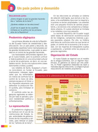 8       Un país pobre y desunido

                                                    Descubriendo juntos                                   En las elecciones se utilizaba un sistema
                                                     ¿Cómo dirigían el país los grandes hacenda-      de votación restringida, que excluía a las mu-
                                                     dos o “señores de la tierra”?                    jeres, a los analfabetos (que eran la mayoría) y
                                                                                                      a quienes no tenían propiedades. Los votantes
                                                     ¿Quiénes votaban en las elecciones?              eran una pequeña minoría de varones propie-
                                                                                                      tarios, y se excluía a los campesinos y trabaja-
                                                     ¿Cuál fue el papel de los caudillos
                                                                                                      dores urbanos, El cuerpo electoral se limitaba
                                                     militares en la política de los primeros
                                                                                                      a los notables y era muy pequeño.
                                                     años de la República?
                                                                                                          La naciente República del Ecuador surgió
                                                                                                      sobre bases de dominación económico-social
                                                    Predominio oligárquico                            de los indígenas, campesinos mestizos y gru-
                                                                                                      pos populares urbanos. Por ello, su historia
                                                        Las primeras décadas de vida de la Repúbli-
                                                                                                      está llena de conflictos entre los que tenían el
                                                    ca del Ecuador fueron de inestabilidad y des-
                                                                                                      poder, el control de la economía y de la socie-
                                                    articulación. Era un país pobre y desunido, las
                                                                                                      dad, con las mayorías de trabajadores sujetos
                                                    autoridades españolas fueron reemplazadas por
                                                                                                      a explotación, y también entre las propias oli-
                                                    los grandes terratenientes, cuyo poder se asen-
                                                                                                      garquías regionales.
                                                    taba en el control de las grandes haciendas.
                                                        Los hacendados latifundistas lograron diri-   Organización del Estado
                                                    gir el nuevo Estado, pero no pudieron unificar
                                                    a toda la población en una comunidad cultural         El nuevo Estado se organizó con el modelo
                                                    y social de ecuatorianos, es decir, en una ver-   de la antigua Colombia, con un régimen repu-
                                                    dadera nación. Se dio una ruptura entre clases    blicano. El gobierno se ejercía por tres pode-
                                                                                                      res. El Poder Legislativo elaboraba las leyes y
                                                    dominantes criollas y pueblo.
                                                                                                      realizaba algunas elecciones. Lo elegía el grupo
                                                        Los notables de Quito, Guayaquil y Cuen-      reducidísimo de notables propietarios.
                                                    ca coincidieron en fundar el Ecuador, pero
                                                    mantuvieron intereses regio-
                                                    nales que los enfrentaban.
                                                    Un motivo de conflicto fue el
                                                    control de la mano de obra,
                                                    siempre escasa en el litoral, y
                                                    los impuestos aduaneros que
                                                    defendían la producción tex-
DISTRIBUCIÓN GRATUITA - PROHIBIDA SU REPRODUCCIÓN




                                                    til quiteña, pero limitaban el
                                                    comercio.
                                                        El conflicto entre las oli-
                                                    garquías regionales se exten-
                                                    dió por todo el período y pro-
                                                    vocó inestabilidad política y
                                                    enfrentamientos.

                                                    La representación
                                                       El predominio oligárquico
                                                    se mantuvo con el uso de las
                                                    instituciones del Estado, le-
                                                    yes, autoridades de gobierno,
                                                    dinero de los impuestos y cár-
                                                    celes, para reforzar el poder
                                                    de los “señores de la tierra”.
                                                    28
 