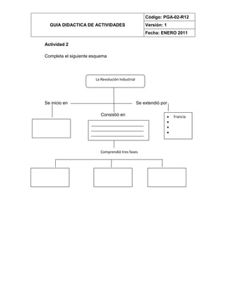 GUIA DIDACTICA DE ACTIVIDADES
Código: PGA-02-R12
Versión: 1
Fecha: ENERO 2011
Actividad 2
Completa el siguiente esquema
Se inicio en Se extendió por
Consistió en
La Revolución Industrial
Francia
__________________________
__________________________
__________________________
Comprendió tres fases
 