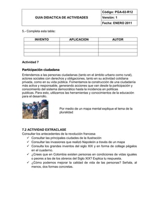 GUIA DIDACTICA DE ACTIVIDADES
Código: PGA-02-R12
Versión: 1
Fecha: ENERO 2011
5.- Completa esta tabla:
INVENTO APLICACION AUTOR
Actividad 7
Participación ciudadana
Entendemos a las personas ciudadanas (tanto en el ámbito urbano como rural),
actores sociales con derechos y obligaciones, tanto en su actividad cotidiana
privada, como en su vida pública. Fomentamos la construcción de una ciudadanía
más activa y responsable, generando acciones que van desde la participación y
conocimiento del sistema democrático hasta la incidencia en políticas
publicas. Para esto, utilizamos las herramientas y conocimientos de la educación
para el desarrollo.
Por medio de un mapa mental explique el tema de la
pluralidad
7.2 ACTIVIDAD EXTRACLASE
Consultar los antecedentes de la revolución francesa
 Consultar las principales ciudades de la Ilustración
 Consultar las invasiones que realizó Napoleón a través de un mapa
 Consulta los grandes inventos del siglo XIX y en forma de collage pégalos
en el cuaderno.
 ¿Crees que en Colombia existen personas en condiciones de vidas iguales
o peores a las de los obreros del Siglo XIX? Explica tu respuesta.
 ¿Cómo podemos mejorar la calidad de vida de las personas? Señala, al
menos, dos formas concretas.
 