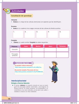 Actividades
100
Enumera
•	 Anota en tu cuaderno cinco rasgos comunes de las culturas de América andina:
Completa
•	 	Elabora un cuadro similar. Completa los datos requeridos:
Chavín Mochica Tiahuanaco
Nazca
Ubicación
Productos
Principales
productos
1. 2. 3. 4. 5.
Aprende algo más
‹https://www.youtube.com/watch?v=6J-yl9Ba7zw›.
‹https://www.youtube.com/watch?v=4LjTYUMMhsM›.
Las grandes culturas americanas
Documental completo: Precursores del inca
@
Interpreta
•	 Elabora un collage de las culturas americanas con aspectos que las identifiquen.
Interdisciplinariedad
Biología y Ciencias Naturales
=	En grupo, elaboren un proyecto conjunto en que se investi-
guen las principales plantas medicinales y alucinógenas de
América del Sur. Su medio ambiente, sus propiedades y ca-
racterísticas y sus usos culturales, ya sea para curar, paliar o
establecer contacto con otras realidades.
Consolidación del aprendizaje
AMÉRICA ABORIGEN; pp.82-112.indd 100 05/06/18 10:17
 