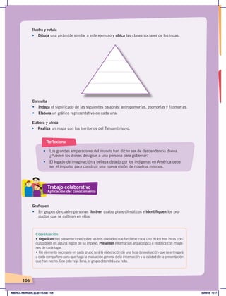 106
Ilustra y rotula
•	 Dibuja una pirámide similar a este ejemplo y ubica las clases sociales de los incas.
Consulta
•	 Indaga el significado de las siguientes palabras: antropomorfas, zoomorfas y fitomorfas.
•	 Elabora un gráfico representativo de cada una.
Elabora y ubica
•	 Realiza un mapa con los territorios del Tahuantinsuyo.
Grafiquen
•	 En grupos de cuatro personas ilustren cuatro pisos climáticos e identifiquen los pro-
ductos que se cultivan en ellos.
•	 Los grandes emperadores del mundo han dicho ser de descendencia divina.
¿Pueden los dioses designar a una persona para gobernar?
•	 El legado de imaginación y belleza dejado por los indígenas en América debe
ser el impulso para construir una nueva visión de nosotros mismos.
Reflexiona
Trabajo colaborativo
Aplicación del conocimiento
Coevaluación
• Organicen tres presentaciones sobre las tres ciudades que fundaron cada uno de los tres incas con-
quistadores en alguna región de su imperio. Presenten información arqueológica e histórica con imáge-
nes de cada lugar.
• Un elemento necesario en cada grupo será la elaboración de una hoja de evaluación que se entregará
a cada compañero para que haga la evaluación general de la información y la calidad de la presentación
que han hecho. Con esta hoja llena, el grupo obtendrá una nota.
AMÉRICA ABORIGEN; pp.82-112.indd 106 05/06/18 10:17
 