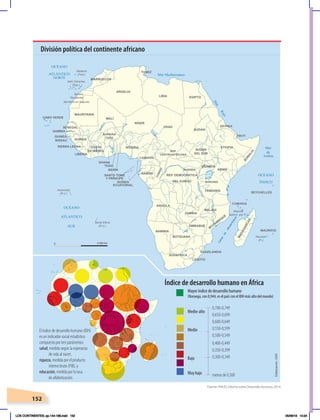 152
OCÉANO
ATLÁNTICO
NORTE
OCÉANO
Mar Mediterráneo
ÍNDICO
OCÉANO
ATLANTICO
SUR
M
a
r
R
o
j
o
Mar
de
Arabia
C
a
n
a
l
d
e
M
o
z
a
m
b
i
q
u
e
GUINEA
MARRUECOS
ARGELIA
TÚNEZ
LIBIA EGIPTO
CABO VERDE
MAURITANIA
MALÍ
NÍGER
CHAD
SUDÁN
ERITREA
ETIOPIA
YIBUTI
S
O
M
A
L
I
A
SENEGAL
GAMBIA
BURKINA
FASO
GUINEA-
BISSAU
SIERRA LEONA
LIBERIA
COSTA
DE MARFIL
GHANA
TOGO
BENÍN
NIGERIA
CAMERÚN
REP.
CENTROAFRICANA
UGANDA
KENIA
SANTO TOMÉ
Y PRÍNCIPE
GUINEA
ECUATORIAL
GABÓN
C
O
N
G
O
REP. DEMOCRÁTICA
DEL CONGO
RUANDA
TANZANIA
BURUNDI
ANGOLA
ZAMBIA
MALAUI
M
OZAM
BIQUE
NAMIBIA
BOTSUANA
ZIMBABUE
SUDÁFRICA
SUAZILANDIA
LESOTO
M
A
D
A
G
A
S
C
A
R
COMORAS
SEYCHELLES
MAURICIO
(territorio en disputa)
Sahara
Occidental
SUDÁN
DEL SUR
Mayotte
(admin. por Fr.)
Reunión
(Fr.)
Santa Elena
(R.U.)
Ascensión
(R.U.)
Islas Canarias
(Esp.)
Madeira
(Port.)
0 3.000 km
División política del continente africano
Índice de desarrollo humano en África
Medio-alto
Mayor índice de desarrollo humano
(Noruega, con 0,944, es el país con el IDH más alto del mundo)
El índice de desarrollo humano (IDH)
es un indicador social estadístico
compuesto por tres parámetros:
salud, medida según la esperanza
de vida al nacer;
riqueza, medida por el producto
interno bruto (PIB); y
educación, medida por la tasa
de alfabetización.
0,700-0,749
0,650-0,699
0,600-0,649
0,550-0,599
0,500-0,549
0,400-0,449
0,350-0,399
0,300-0,349
menos de 0,300
Medio
Bajo
Muy bajo
Fuente: PNUD, Informe sobre Desarrollo Humano, 2014.
Elaboración:
CEN
LOS CONTINENTES; pp.144-168.indd 152 05/06/18 10:24
 