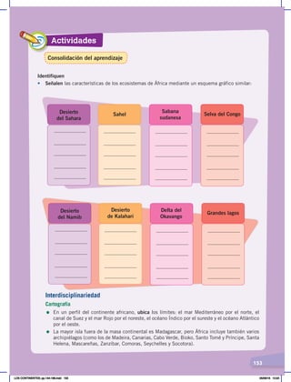 153
Actividades
Identifiquen
• Señalen las características de los ecosistemas de África mediante un esquema gráfico similar:
Desierto
del Sahara
Sahel
Sabana
sudanesa
Selva del Congo
Desierto
del Namib
Desierto
de Kalahari
Delta del
Okavango
Grandes lagos
Interdisciplinariedad
Cartografía
= En un perfil del continente africano, ubica los límites: el mar Mediterráneo por el norte, el
canal de Suez y el mar Rojo por el noreste, el océano Índico por el sureste y el océano Atlántico
por el oeste.
= La mayor isla fuera de la masa continental es Madagascar, pero África incluye también varios
archipiélagos (como los de Madeira, Canarias, Cabo Verde, Bioko, Santo Tomé y Príncipe, Santa
Helena, Mascareñas, Zanzíbar, Comoras, Seychelles y Socotora).
Consolidación del aprendizaje
LOS CONTINENTES; pp.144-168.indd 153 05/06/18 10:24
 