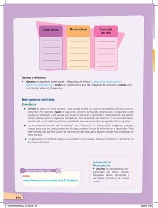 154
Aprende algo más
‹https://www.youtube.com/watch?v=d_Zt4BwHemI›.
África
@
Sierra Kenia Macizo etíope Gran valle
del Rift
Observa y reflexiona
• Observa el siguiente video sobre “Maravillas de África”, ‹https://www.youtube.com/
watch?v=mvX9Rs82U2c›, anota las impresiones que las imágenes te inspiren y realiza una
conclusión sobre lo observado.
Inteligencias múltiples
Kinestésica
=	Dividan la clase en once parejas. Cada pareja tendrá un distinto ecosistema africano que re-
presentar. Por ejemplo, hagan lo siguiente: Desierto de Namib. Adivinanzas y preguntas sobre
la edad, la extensión y los países que cruza. Si adivinan o responden correctamente, los partici-
pantes podrán pasar al siguiente ecosistema. Irán al desierto de Kalahari. Y así sucesivamente,
pasarán de un ecosistema a otro respondiendo adecuadamente las preguntas de los equipos.
=	Los ecosistemas tendrán un “mostrador” o un “diorama” con información, imágenes, paisajes,
mapas para que los participantes en el juego puedan buscar la información y responder. Para
este montaje, las parejas usarán la información del texto, pero pueden añadir más contenido de
otras fuentes.
=	Los ganadores recibirán de premio una postal con los paisajes de los ecosistemas, o banderas de
los países africanos.
Autoevaluación
Metacognición
• Describo las características fun-
damentales de África: relieves,
hidrografía, climas, demografía y
principales indicadores de calidad
de vida.
LOS CONTINENTES; pp.144-168.indd 154 05/06/18 10:24
 