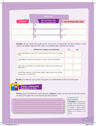 15
Diferencias
Trabajo colaborativo
Organización de datos
Formen grupos de trabajo de cuatro personas. Elaboren juntos una lista que les permita resumir
las ideas principales de la información que descubrieron.
Identifica de qué manera les puede ser útil, hoy en día, la información que han recibido. A conti-
nuación se detallan algunas ideas, pero si encuentras otras, también son válidas.
Escribe una reflexión que cuente si les gustó o no desempeñar el oficio de historiador.
Criterios
Diferencias
Uso del tiempo libre
hace cincuenta años Uso del tiempo libre ahora
2.
1. 1.
2.
3. 3.
Utilidad de tu trabajo como historiador Sí No
¿Esta investigación me brindó nuevas ideas de cómo usar mi tiempo
libre?
¿Este trabajo me permitió entender un poco más a mis abuelos?
¿Descubrí que también los viejitos fueron niños y que no somos tan
diferentes?
¿Identifiqué, gracias a este trabajo, algún juego popular que valdría
la pena que lo recordemos?
Autoevaluación
Metacognición
• Reconozco el estudio de la
Historia como conocimiento
esencial para entender nues-
tro pasado y nuestra identi-
dad y para comprender cómo
influyen en el mundo en que
vivimos.
LOS ORÍGENES;pp.1-26.indd 15 05/06/18 10:04
 